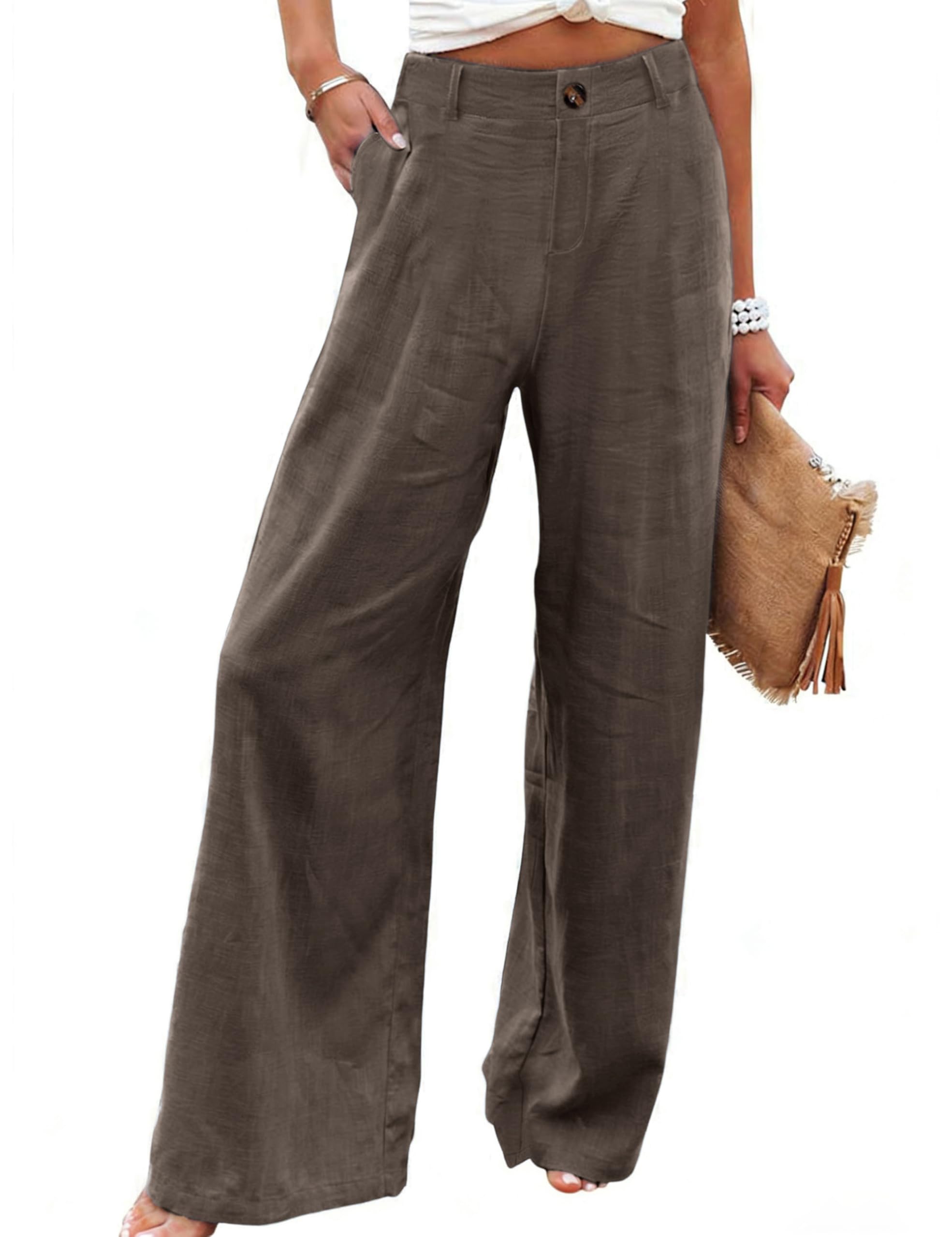 Women's Cotton Linen Casual Button Up Wide Leg Pants