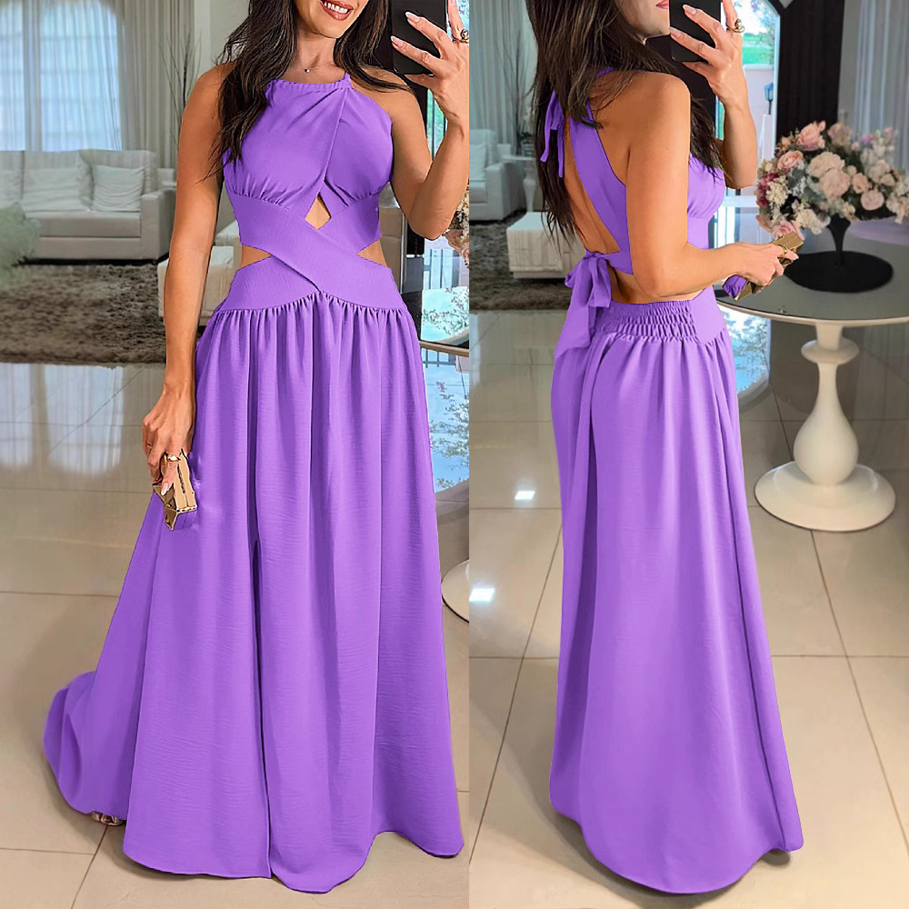 Halter Cut-out Sleeveless Tied Criss Cross Flared Dress