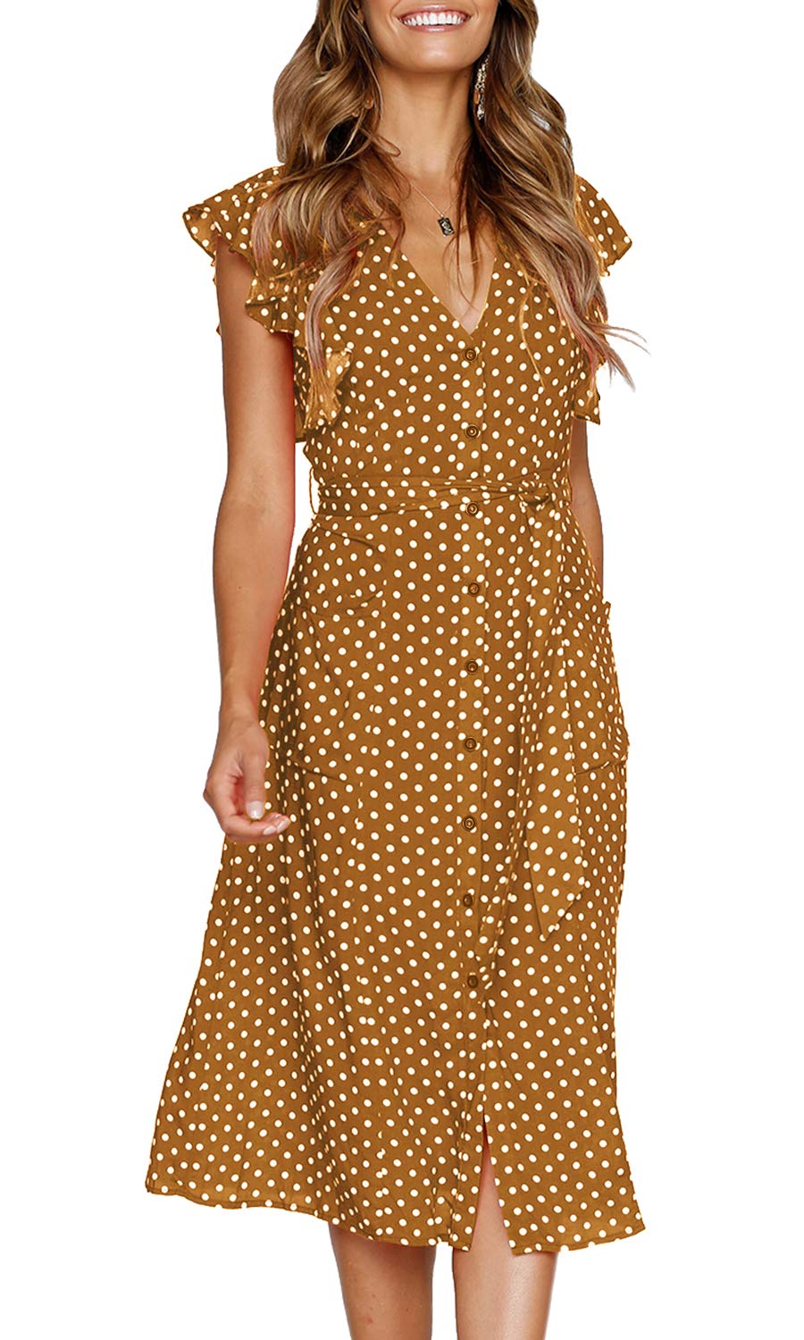 Women's Boho Polka Dot Short Sleeve V Neck Button Down  Midi Dress with Pockets
