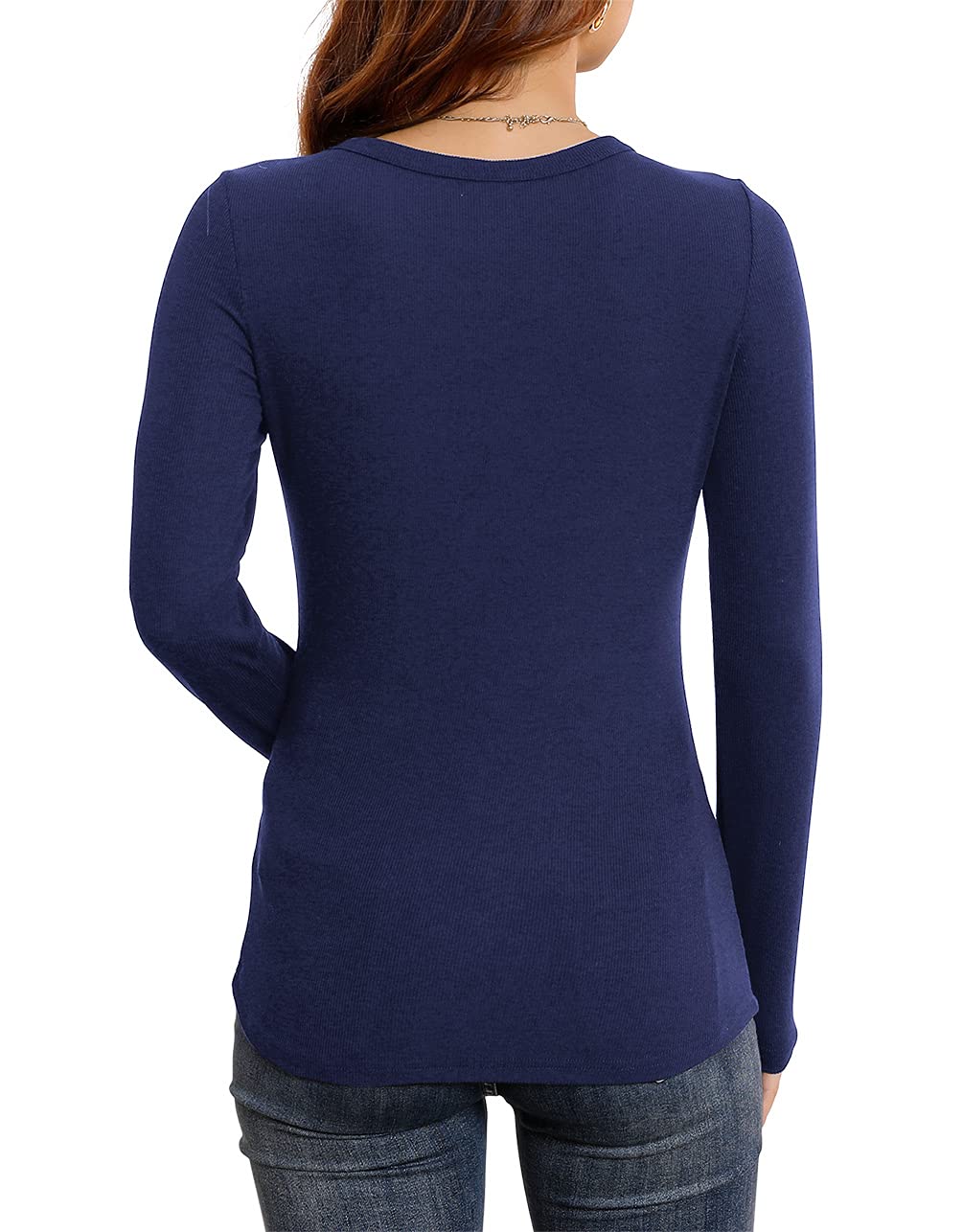 Womens Fall Long Sleeve Stretch Slim Round Neck Ribbed Basic Shirts