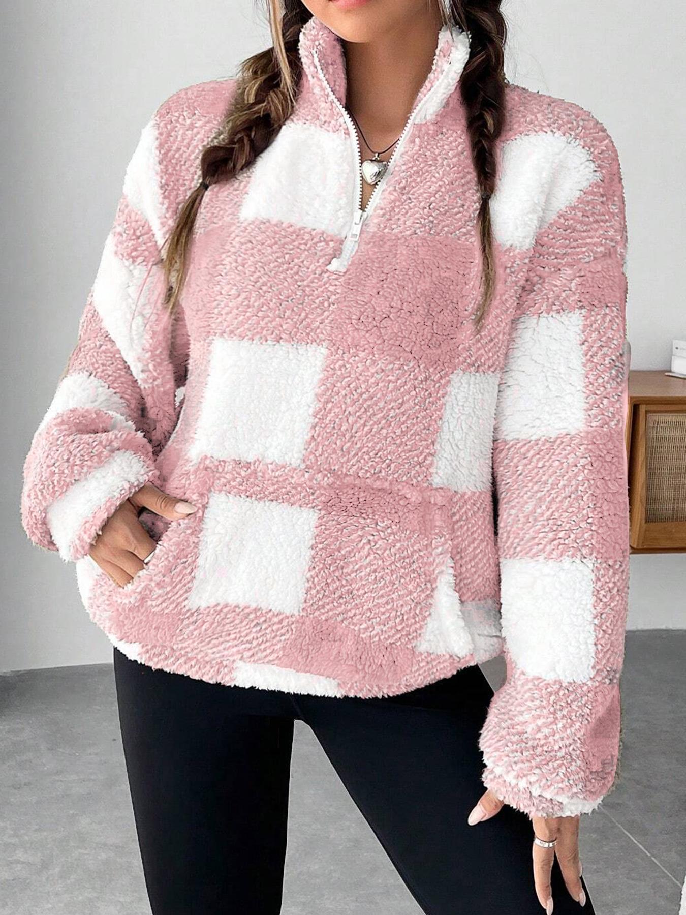 Women's Plaid Print Half Zip Drop Shoulder Fleece Sweatshirt