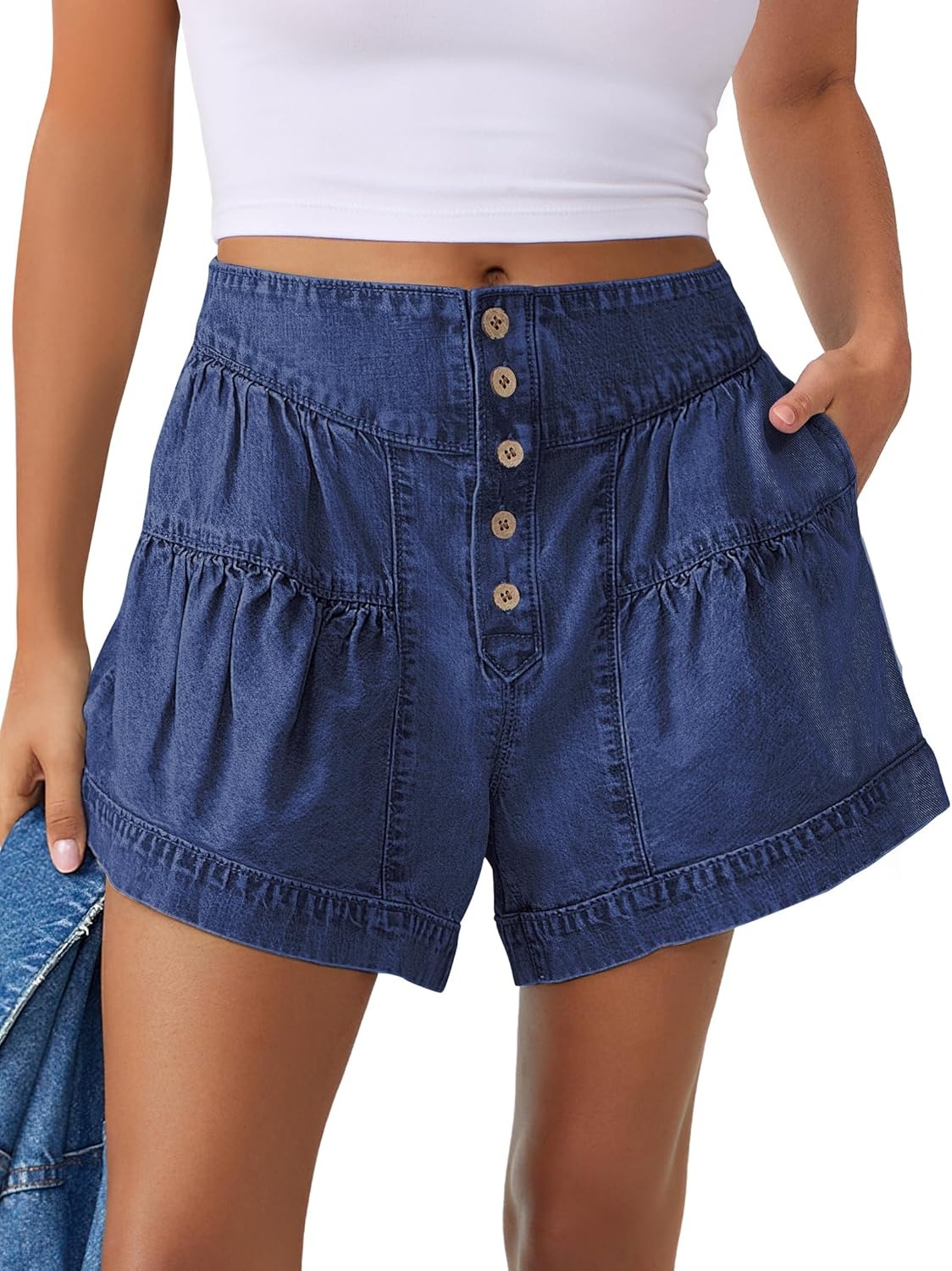 Women's Summer Baggy Flowy Wide Leg Buttons Pleated Denim Shorts