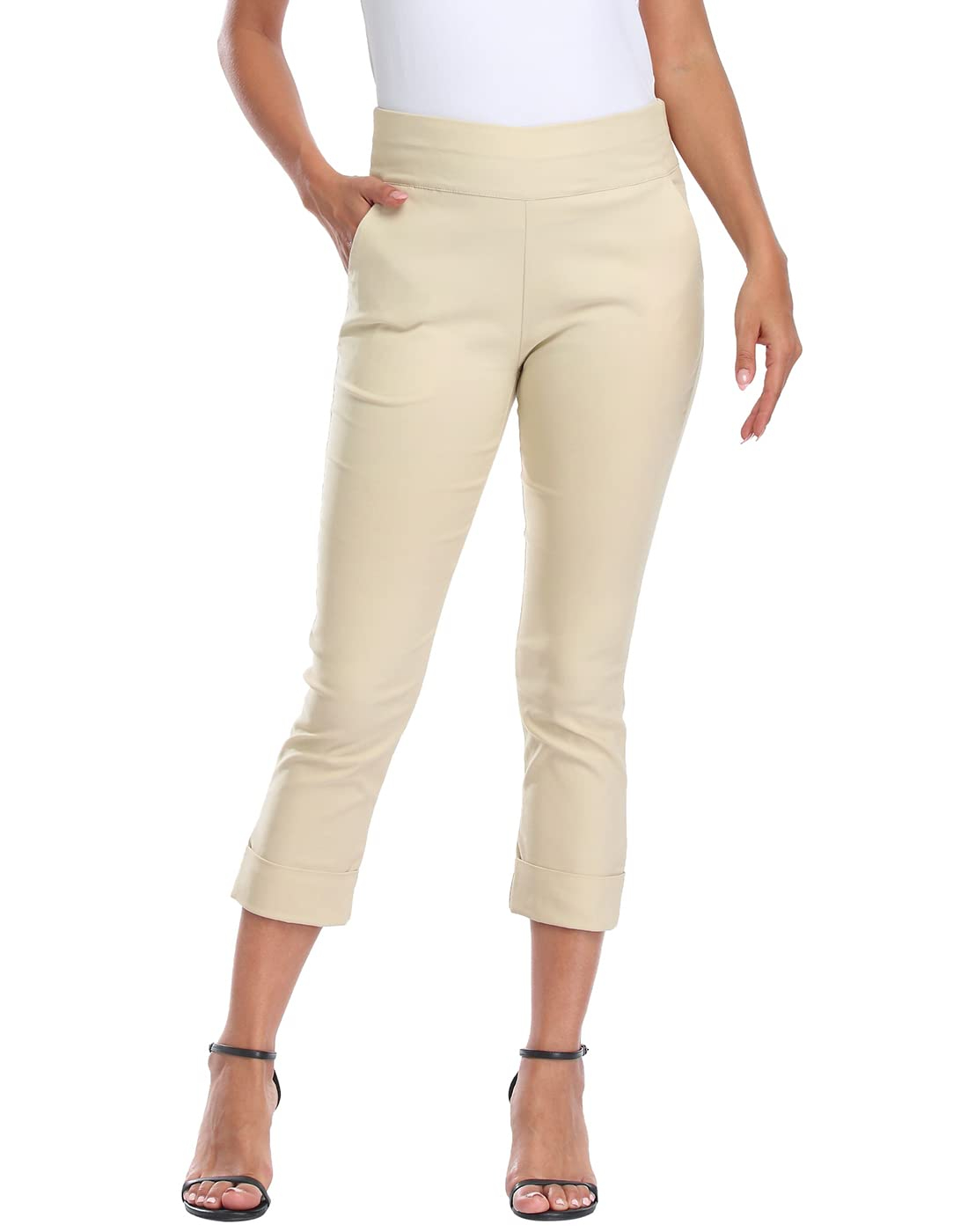 Women's Pull On Capri Pants with Pockets Elastic Waist Cropped Work Pants