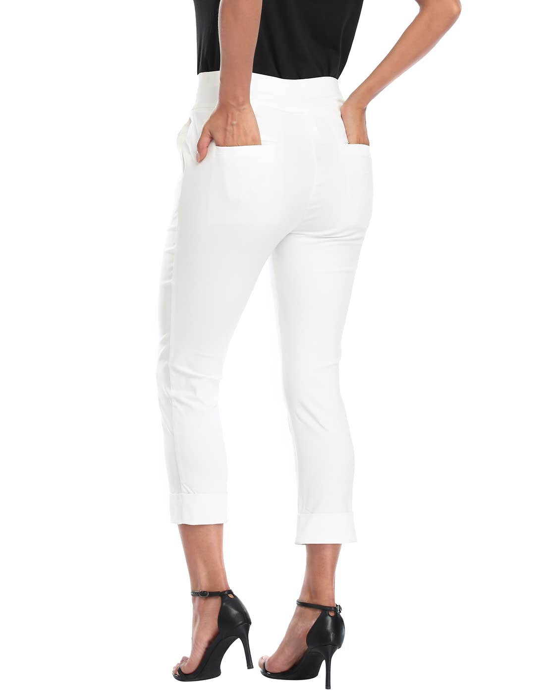 Women's Pull On Capri Pants with Pockets Elastic Waist Cropped Work Pants