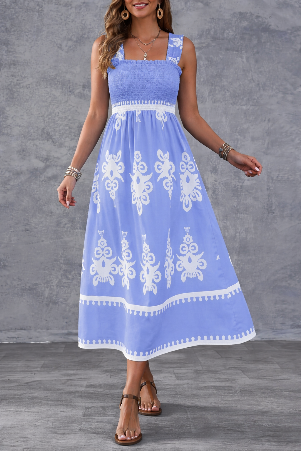 Womens Casual Sleeveless Square Neck Floral Aline Smocked Dresses with Pockets