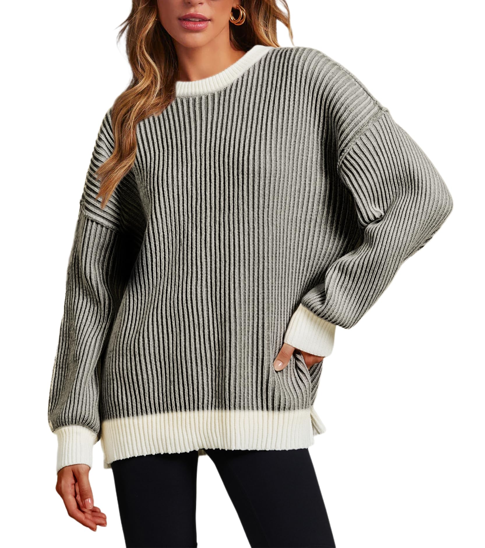 Women Striped Round Neck Rib Knit Blouse Sweater