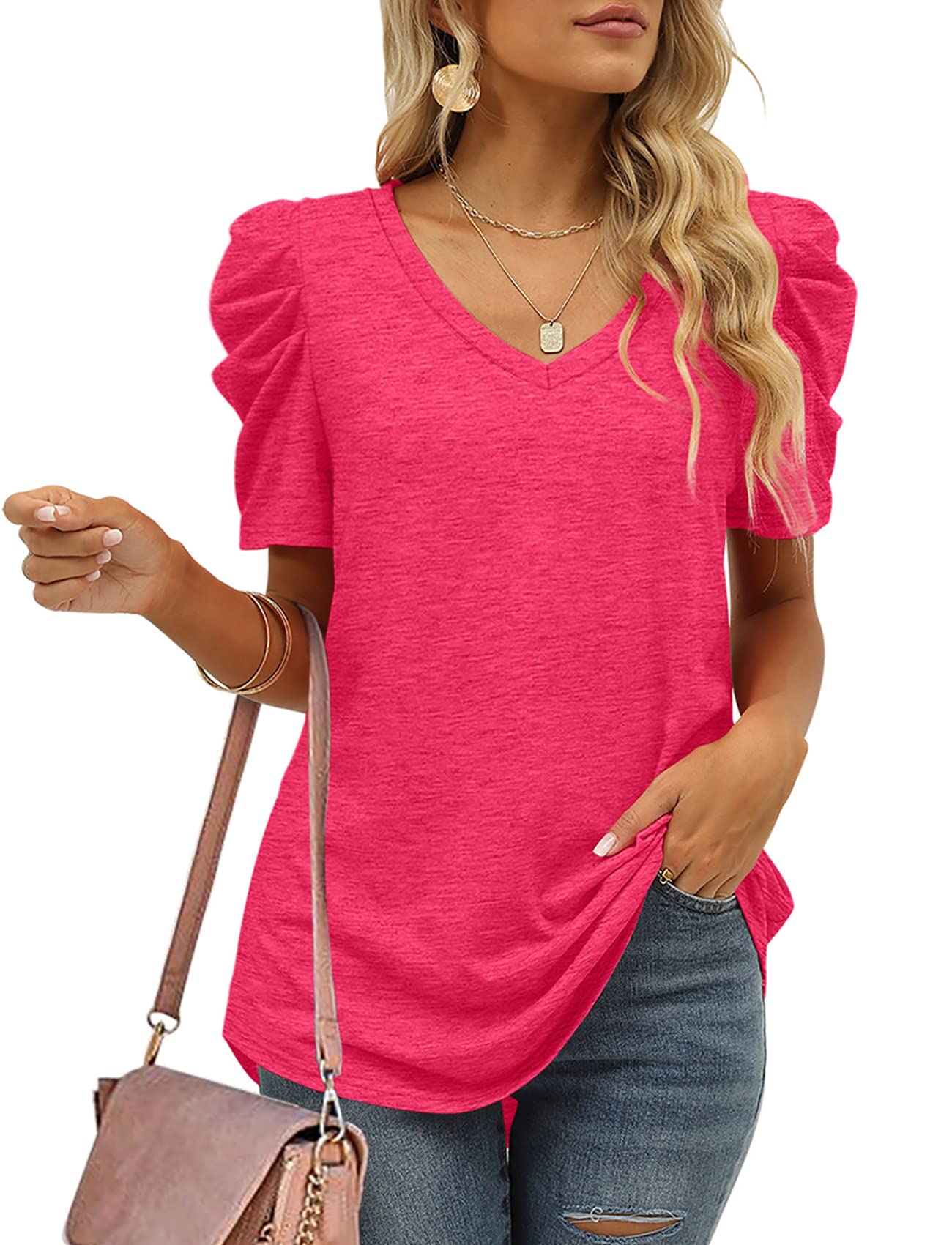 2025 Women's Summer V Neck Puff Sleeve Tshirts(BUY 2 10% off)