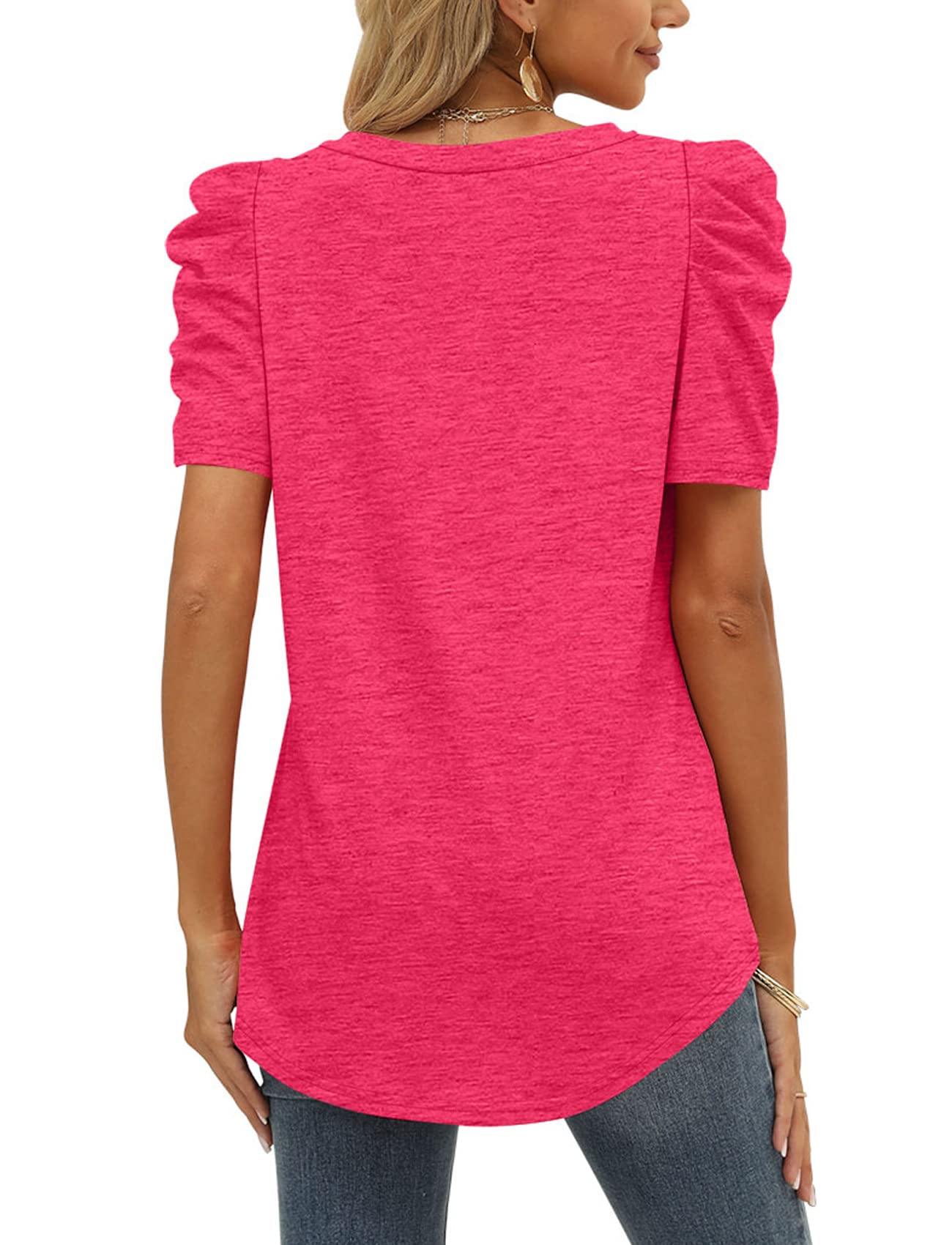 2025 Women's Summer V Neck Puff Sleeve Tshirts(BUY 2 10% off)