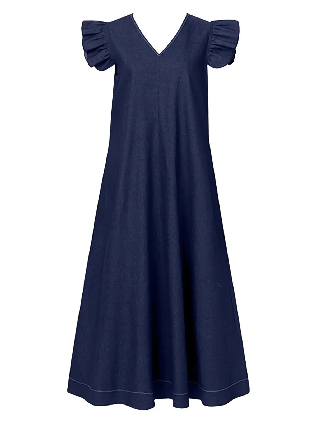HOT SALE Women's Casual Loose Fit Ruffle Sleeveless V-Neck Denim Maxi Dress