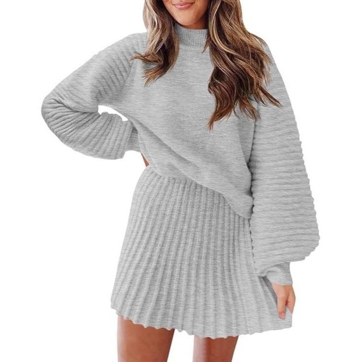 Women's 2 Piece Outfits Long Sleeve Mock Neck Ribbed Sweaters And Mini Skirt Two Piece Sets