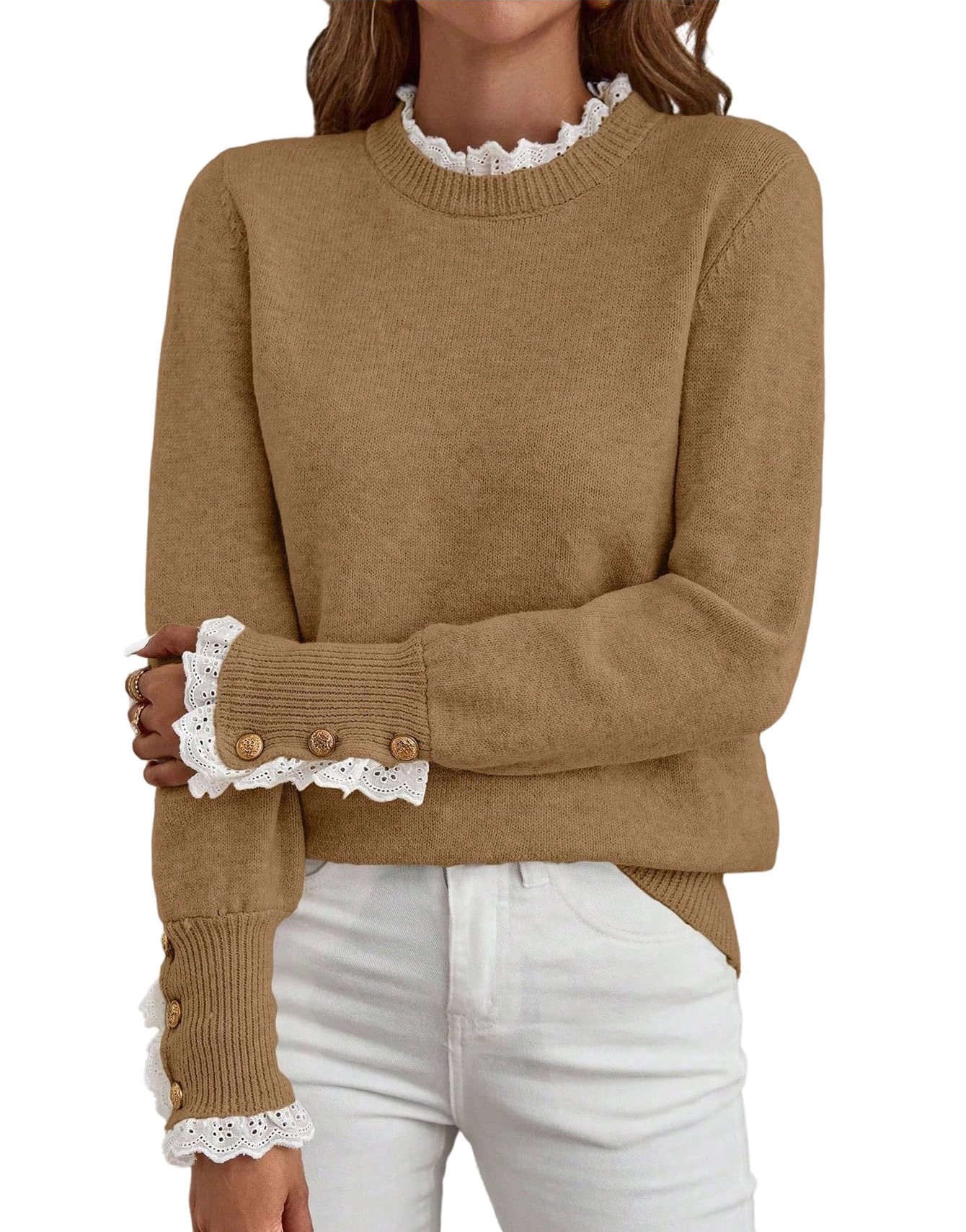 Women's Long Sleeve Knitted Button Lace Trim Sweater