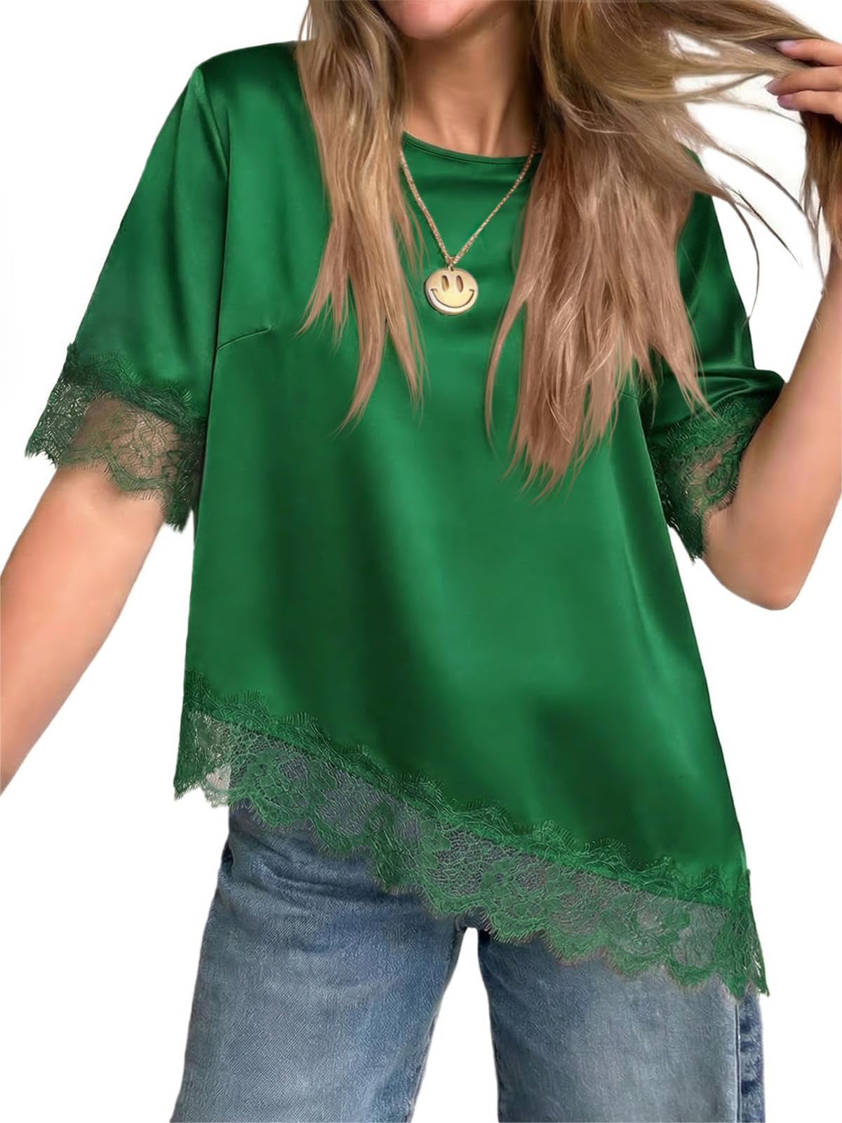 Women's Satin Short Sleeve Lace Trim Asymmetrical Blouse Tops