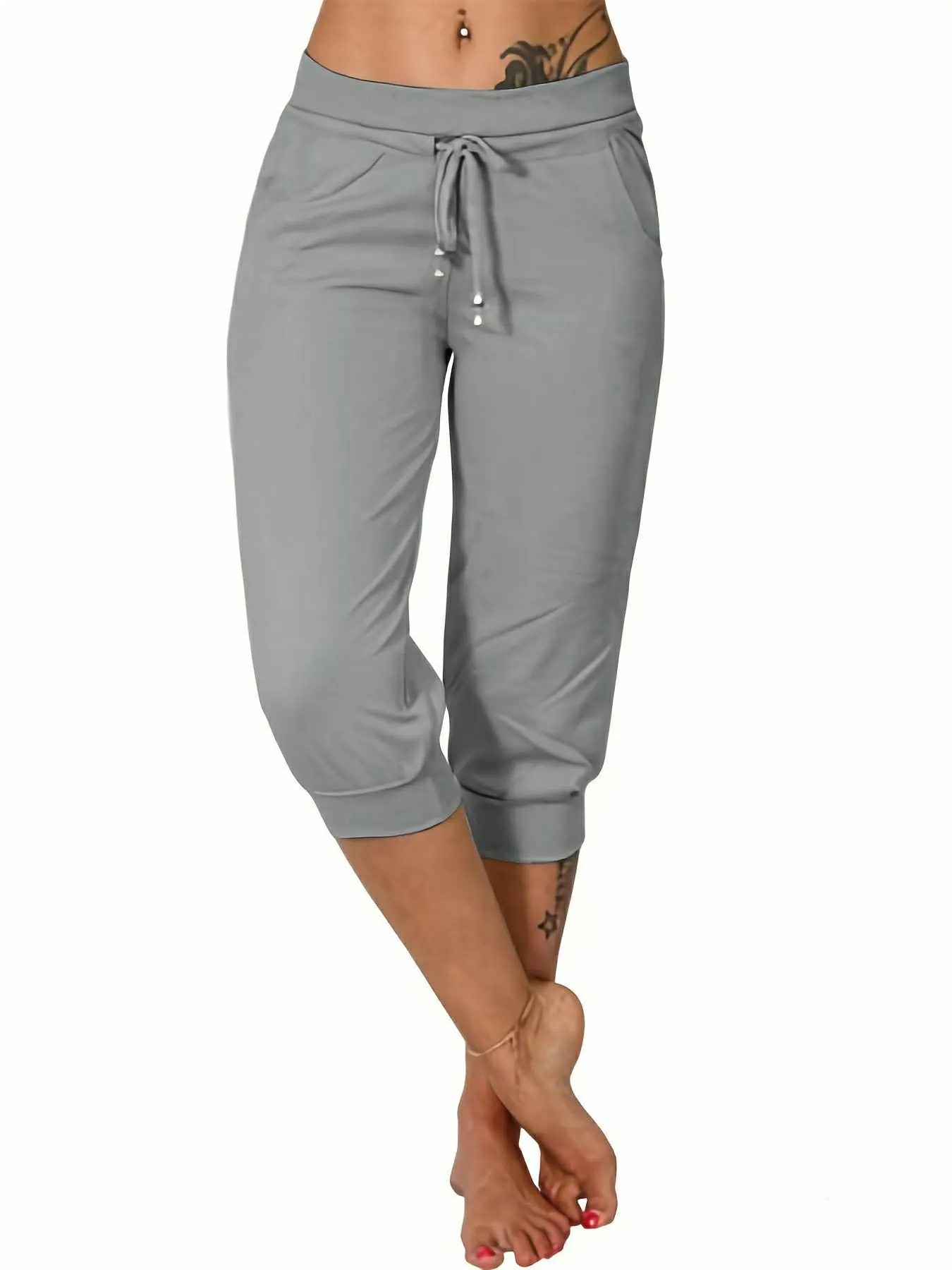 Women's Plain Drawstring Waist Capris Pants With Pockets