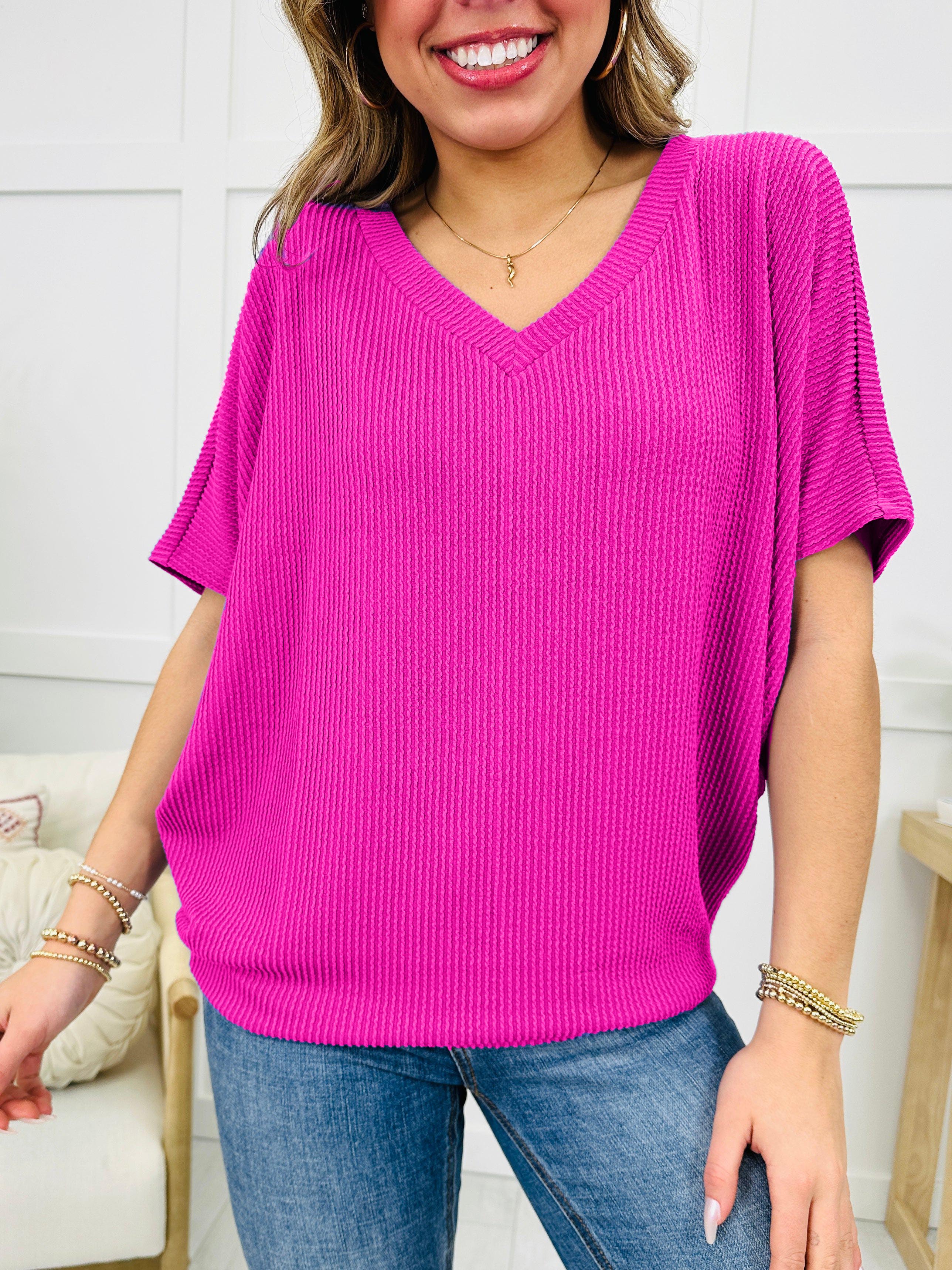 Women's Oversized Ribbed V Neck Batwing Short Sleeve Top