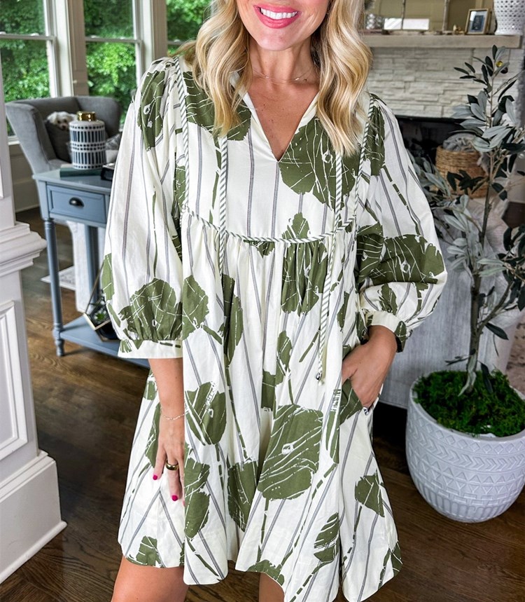 Women's Stripe Print 3/4 Sleeve Mini Dress