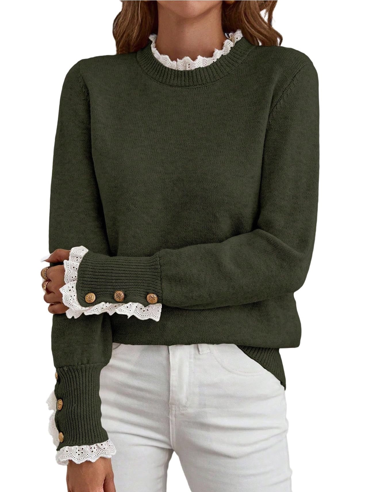 Women's Long Sleeve Knitted Button Lace Trim Sweater