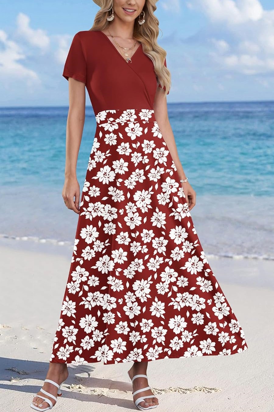 Women's V Neck Floral Print Beach Long Flowy Dress with Pockets
