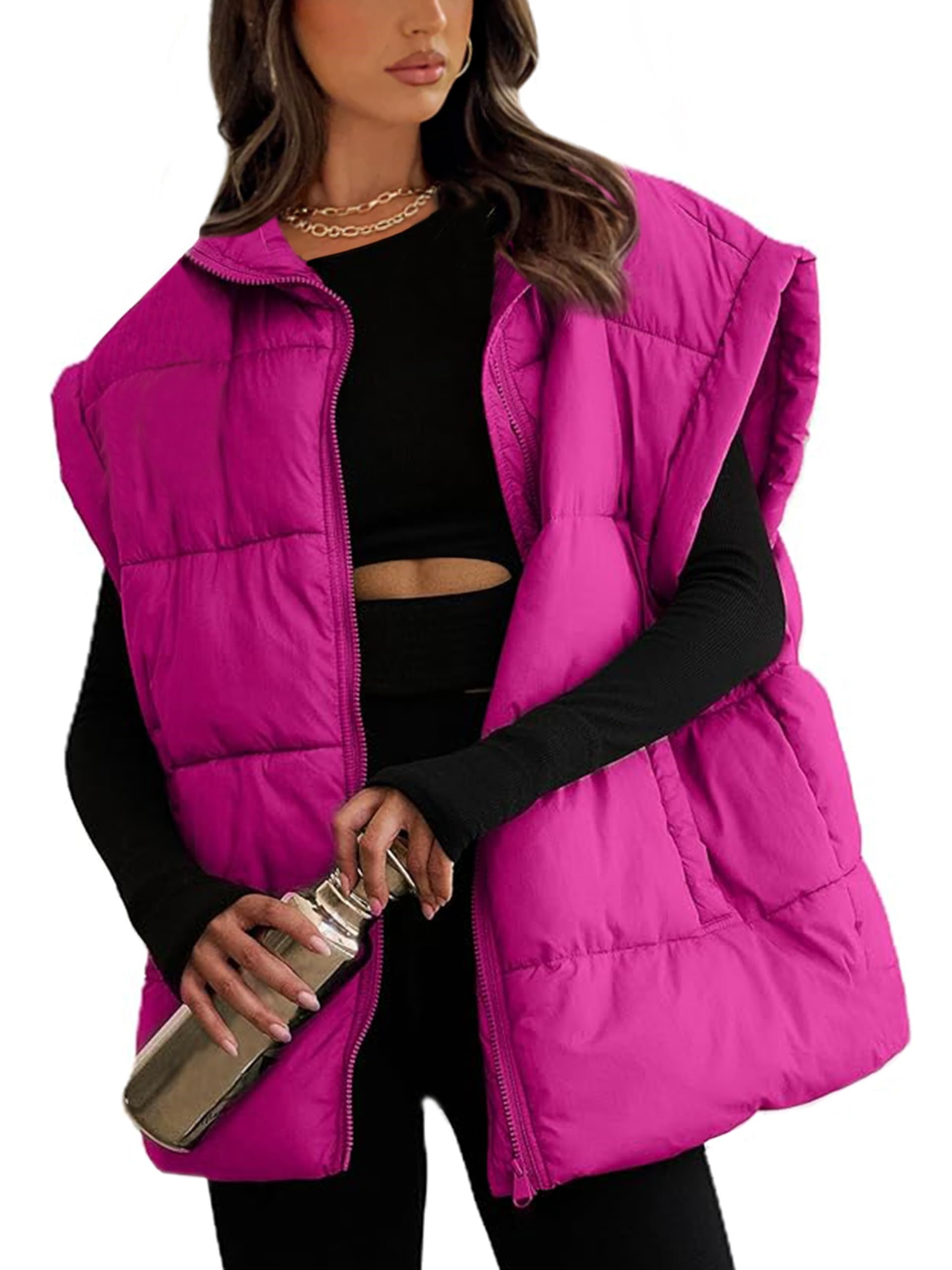 Women's Oversized Stand Collar Puffer Vest Lightweight with Pockets