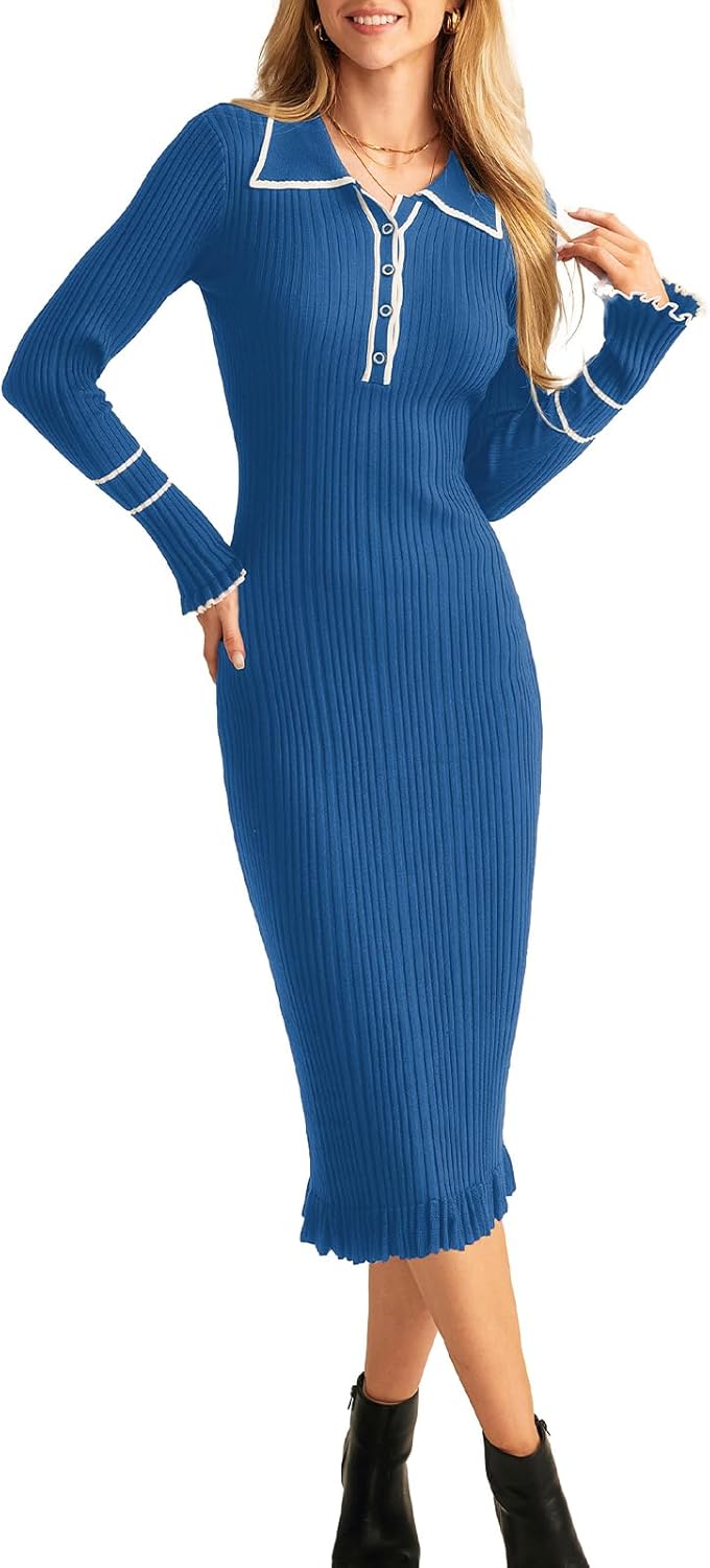 Women's Contrast Color Button Knit Fitted Long Sleeve Sweater Dress