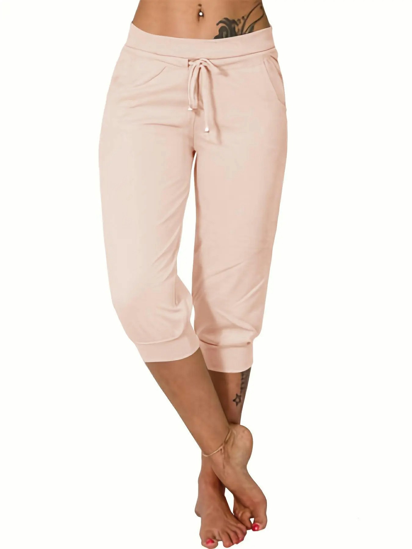 Women's Plain Drawstring Waist Capris Pants With Pockets