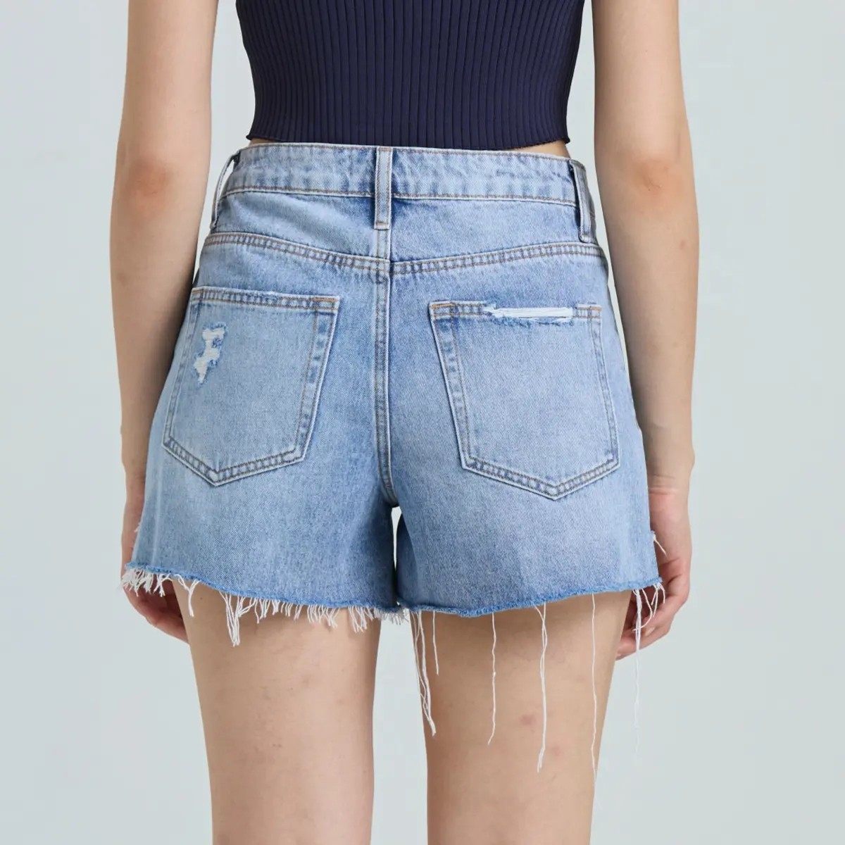 Non-Stretch High Rise Frayed Raw Hem Ripped Jean Shorts