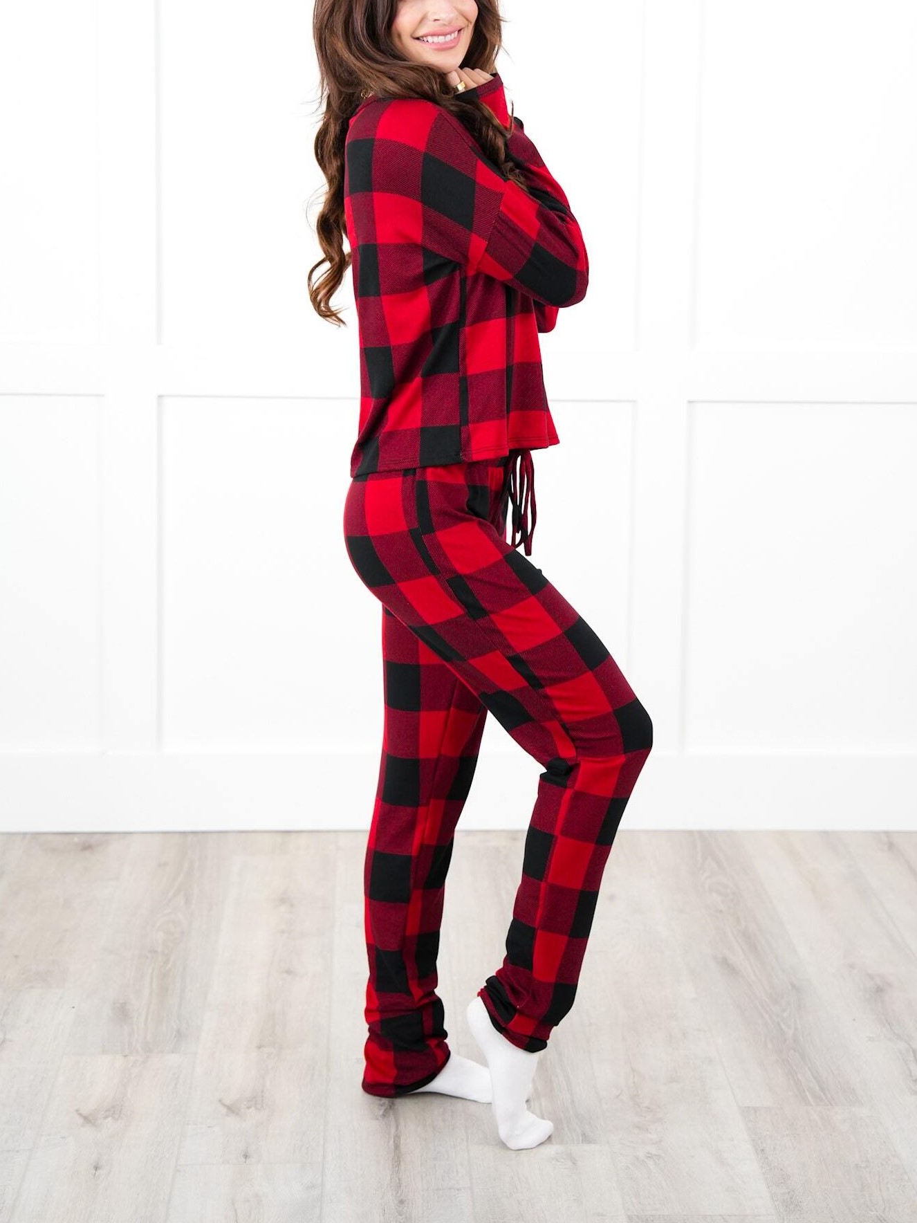 Christmas Plaid Long Sleeve Round Neck Elasic Pants Casual Pajama Set