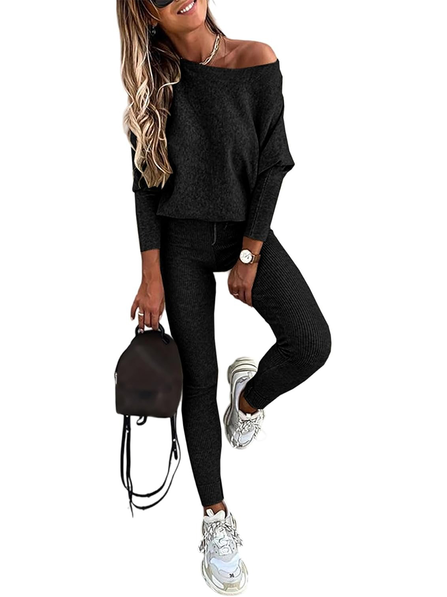 Women's Knitted Batwing Sleeve Sweater Tops Drawstring Pants 2 Piece Set