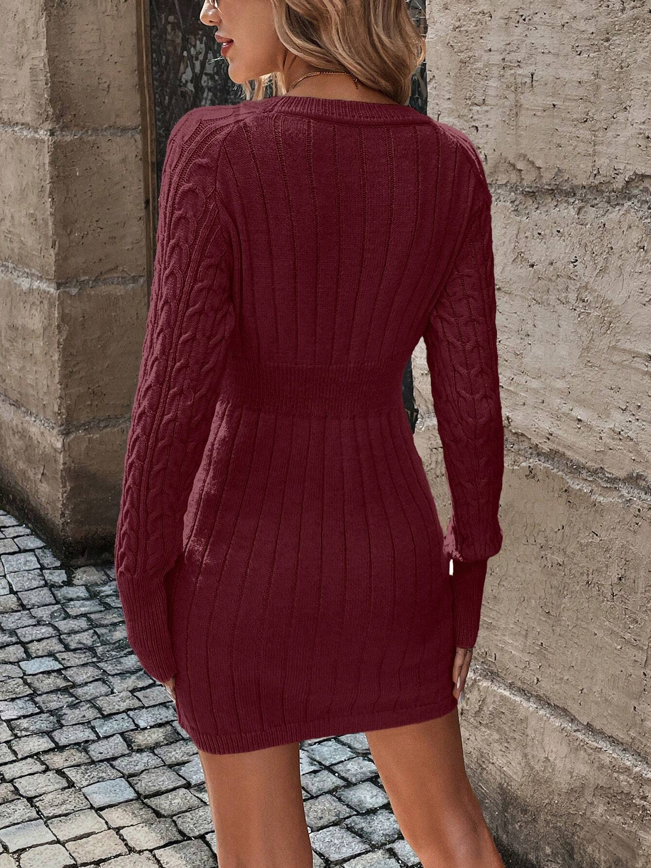 Women's Cable Long Sleeve Knit Sweater Dress 