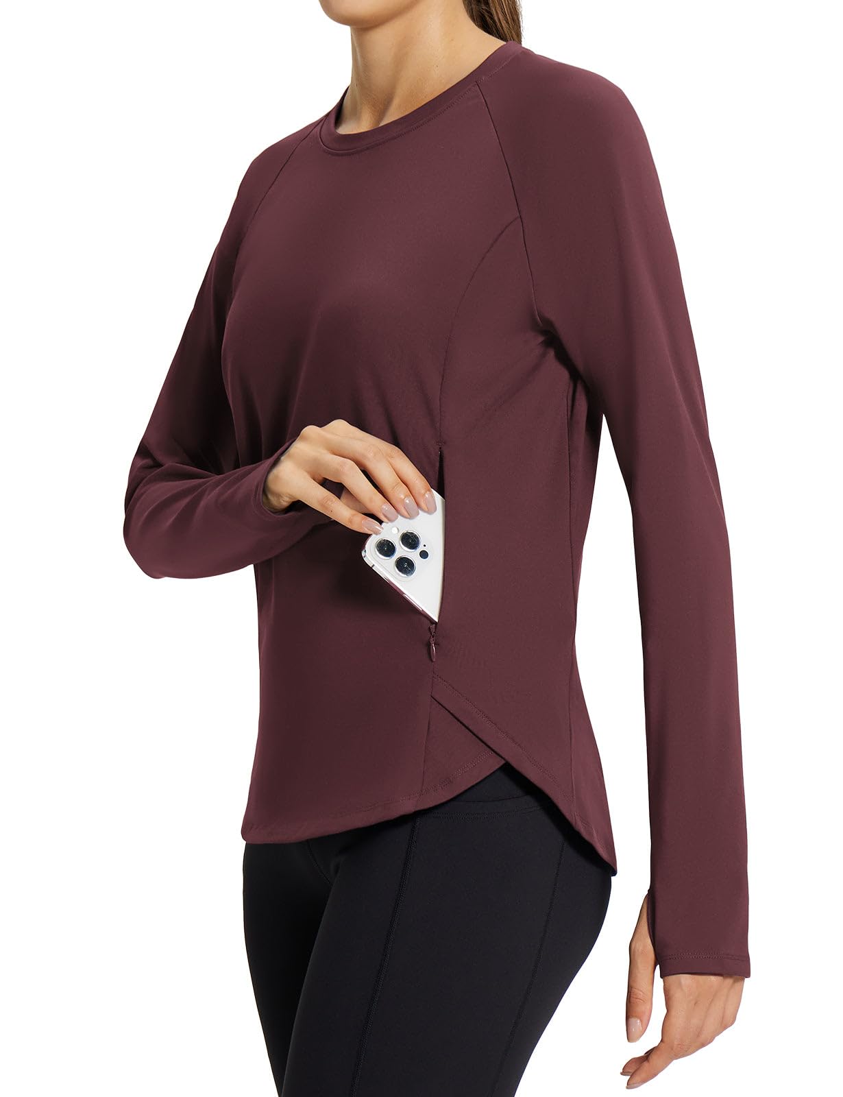 Women's Fleece Lined Long Sleeve Sports Tops with Thumbholes and Zipper Pocket