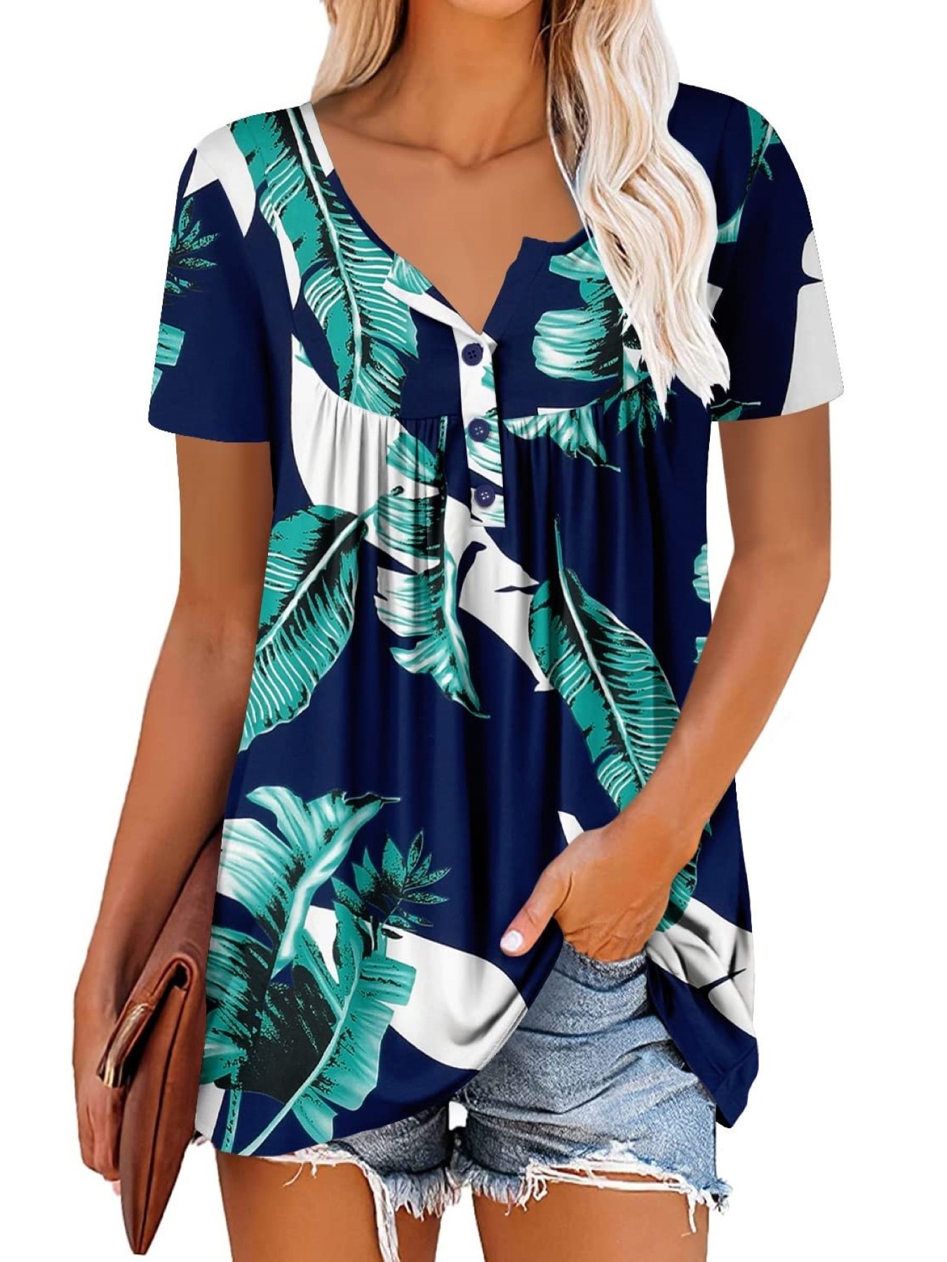 Women's Printed Botton Down Pleated Short Sleeve Shirts Tunic Tops