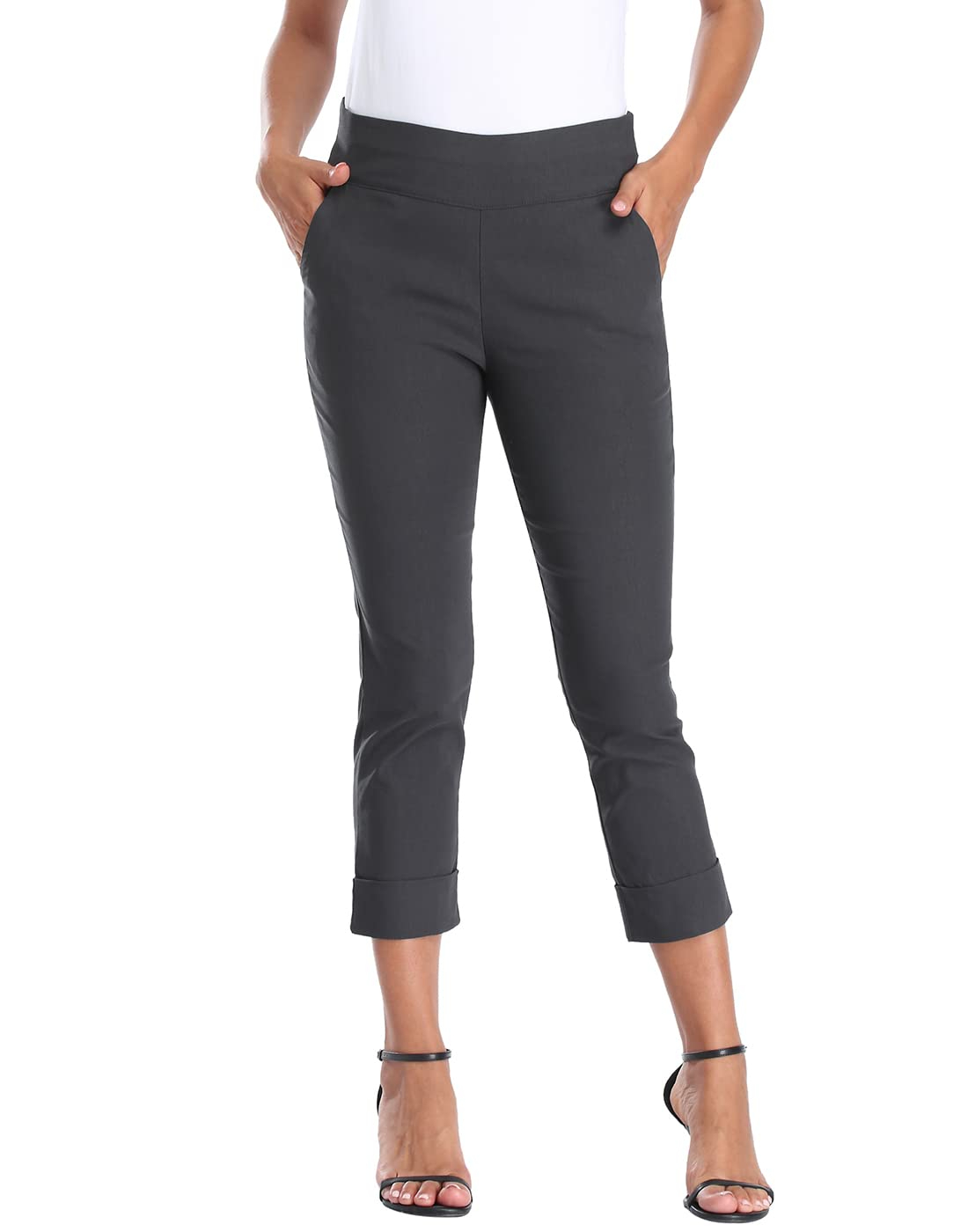 Women's Pull On Capri Pants with Pockets Elastic Waist Cropped Work Pants