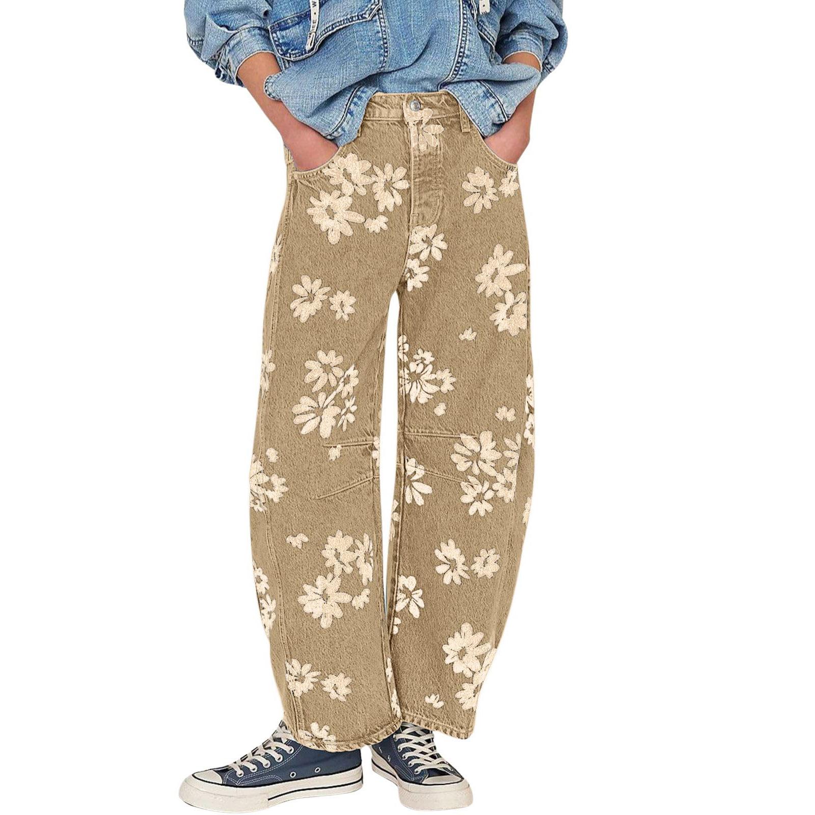 Women's Mid-rise Floral Print Cropped Loose Wide-leg Jeans