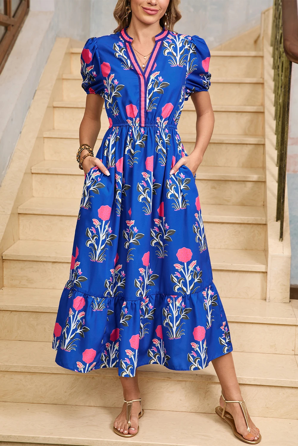 HOT SALE Women's Summer Floral V-Neck Ruffle Hem Midi Dress