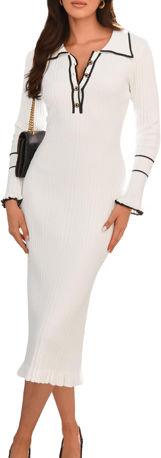 Women's Contrast Color Button Knit Fitted Long Sleeve Sweater Dress