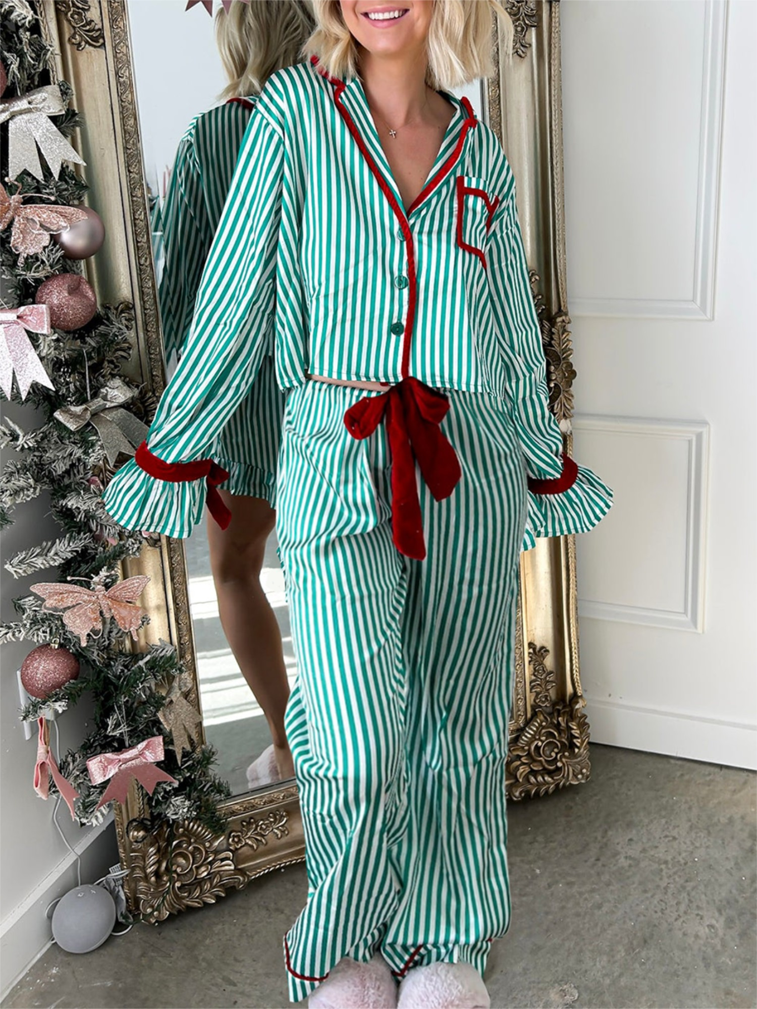 Women's Striped Button-up Crop Tops Bow Long Pants Pajama Set
