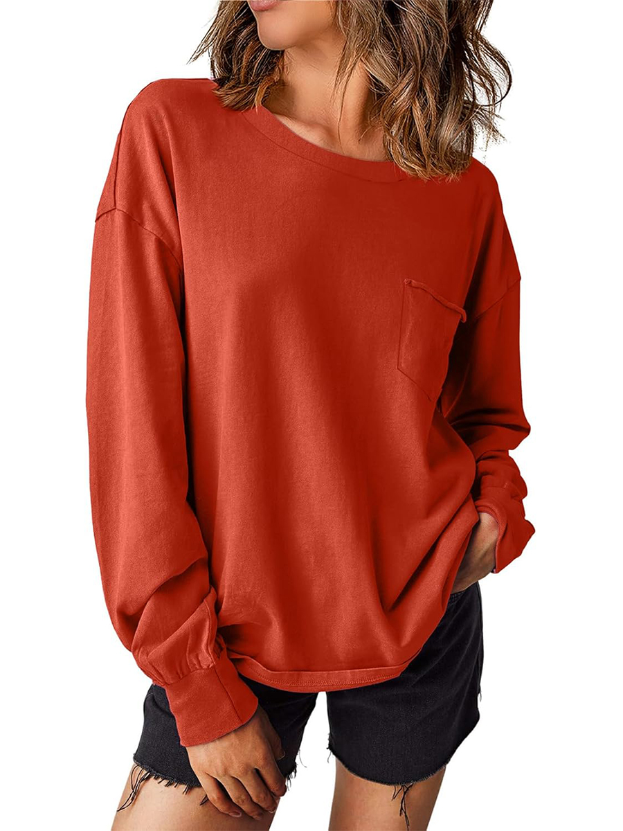 Women's Crewneck Pocket Oversized Basic Long Sleeve Shirts