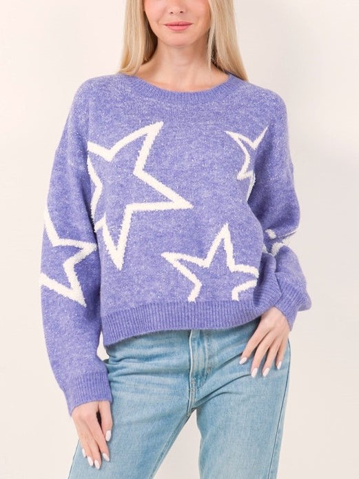 Star Pattern Contrast Long Sleeve Pullover Sweater