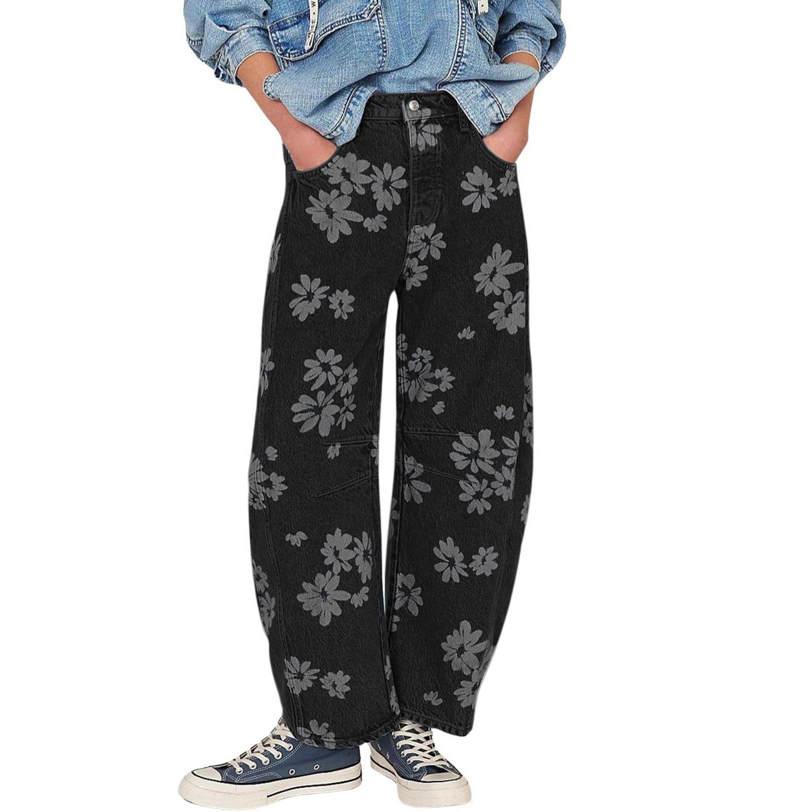 Women's Mid-rise Floral Print Cropped Loose Wide-leg Jeans