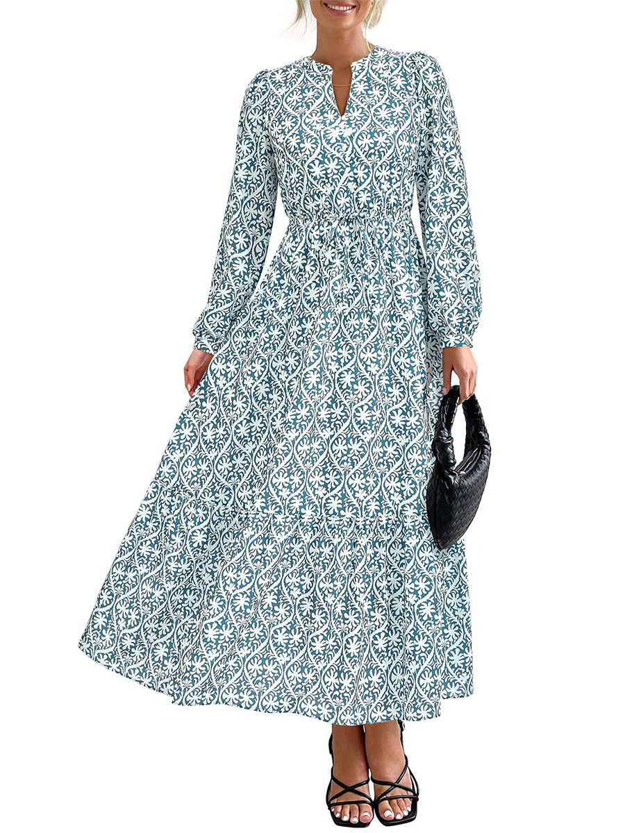 Women's Boho Floral Long Sleeve V Neck Button Pockets Flowy Dress