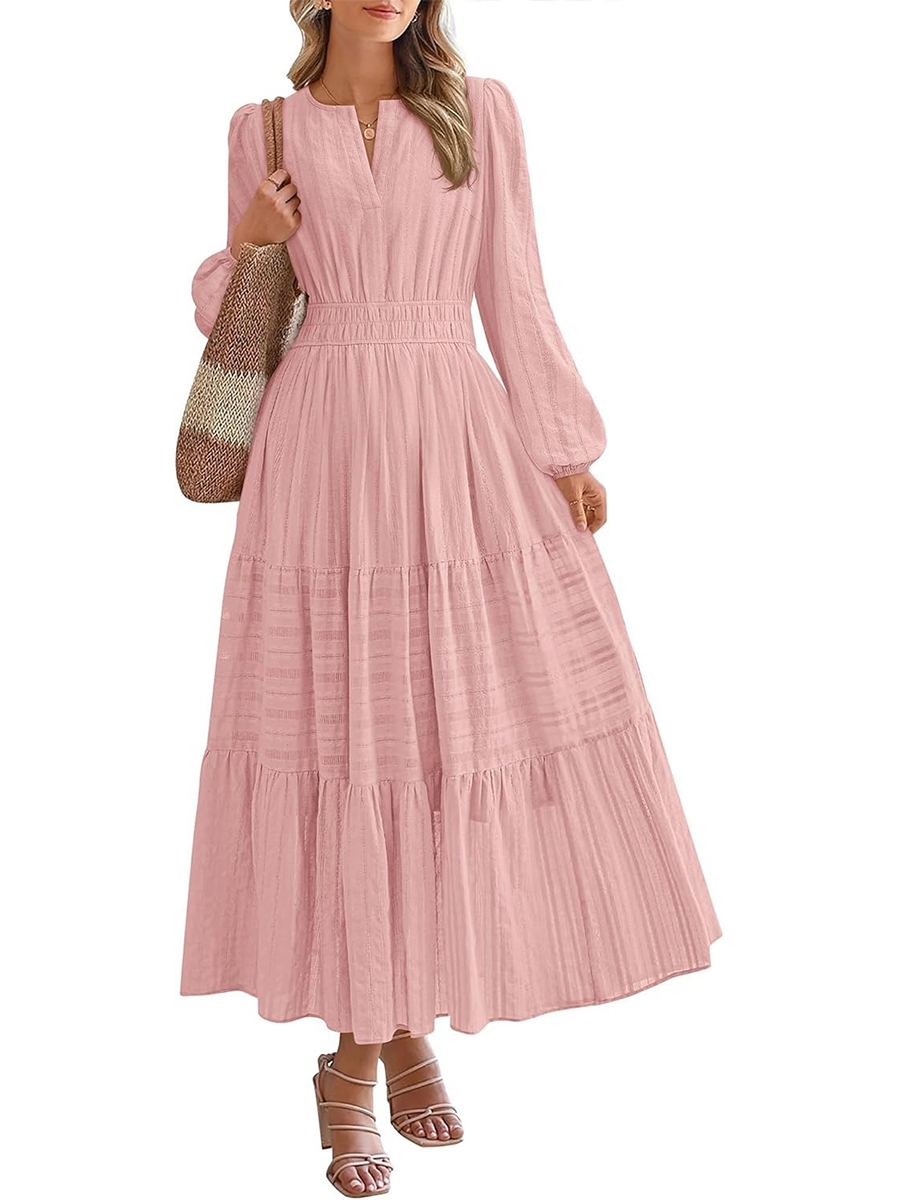 Women's Casual Long Sleeve V Neck Elastic Waist Lightweight Maxi Dress