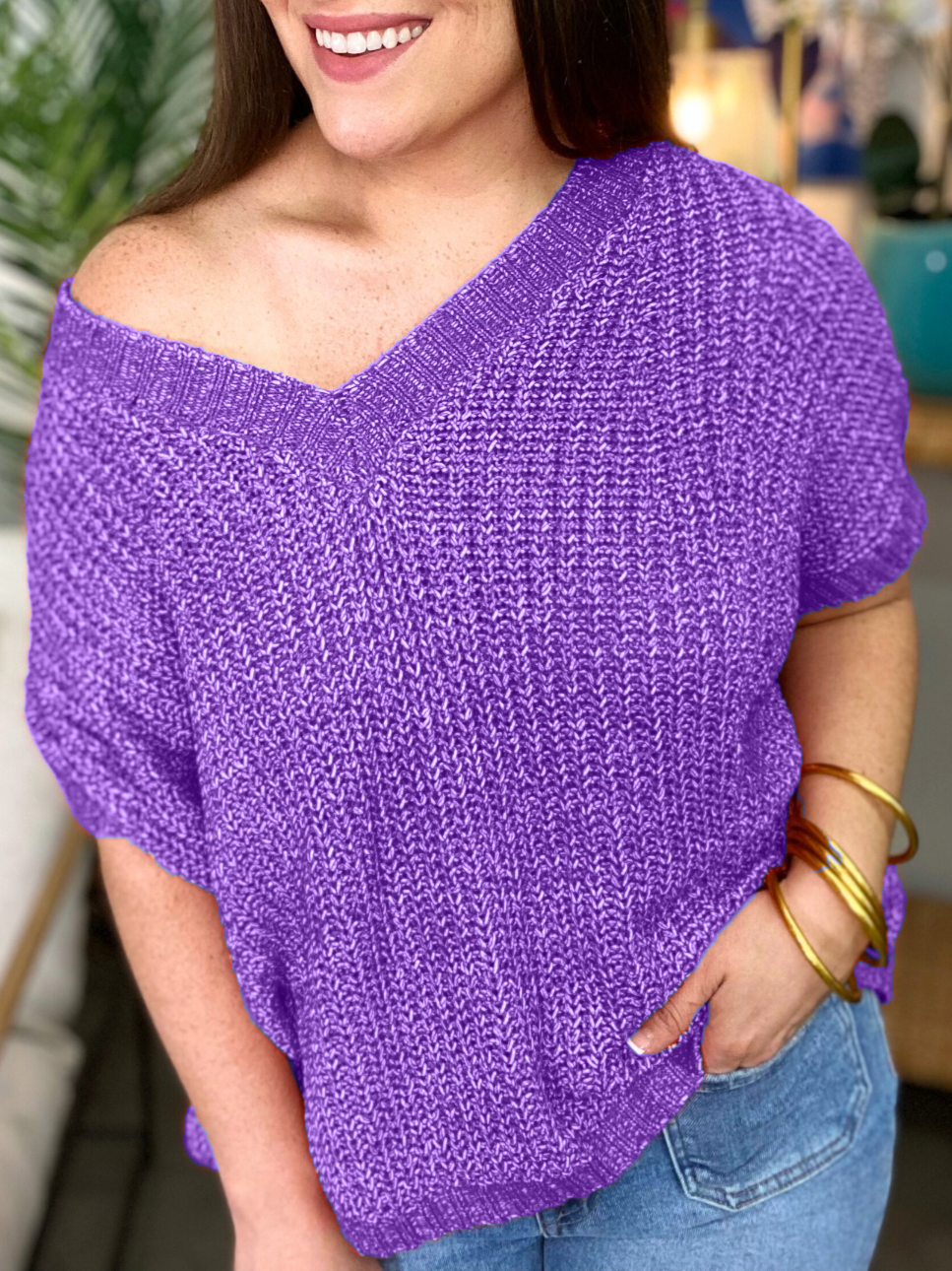 2024 Oversized Knitted V-neck Short Sleeve Top