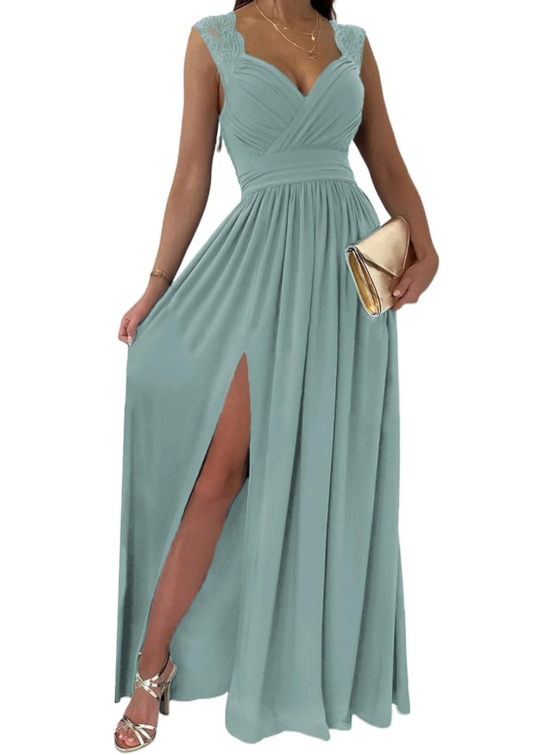 Women's Wrap V-Neck Lace Strap Ruched Sexy Maxi Dress