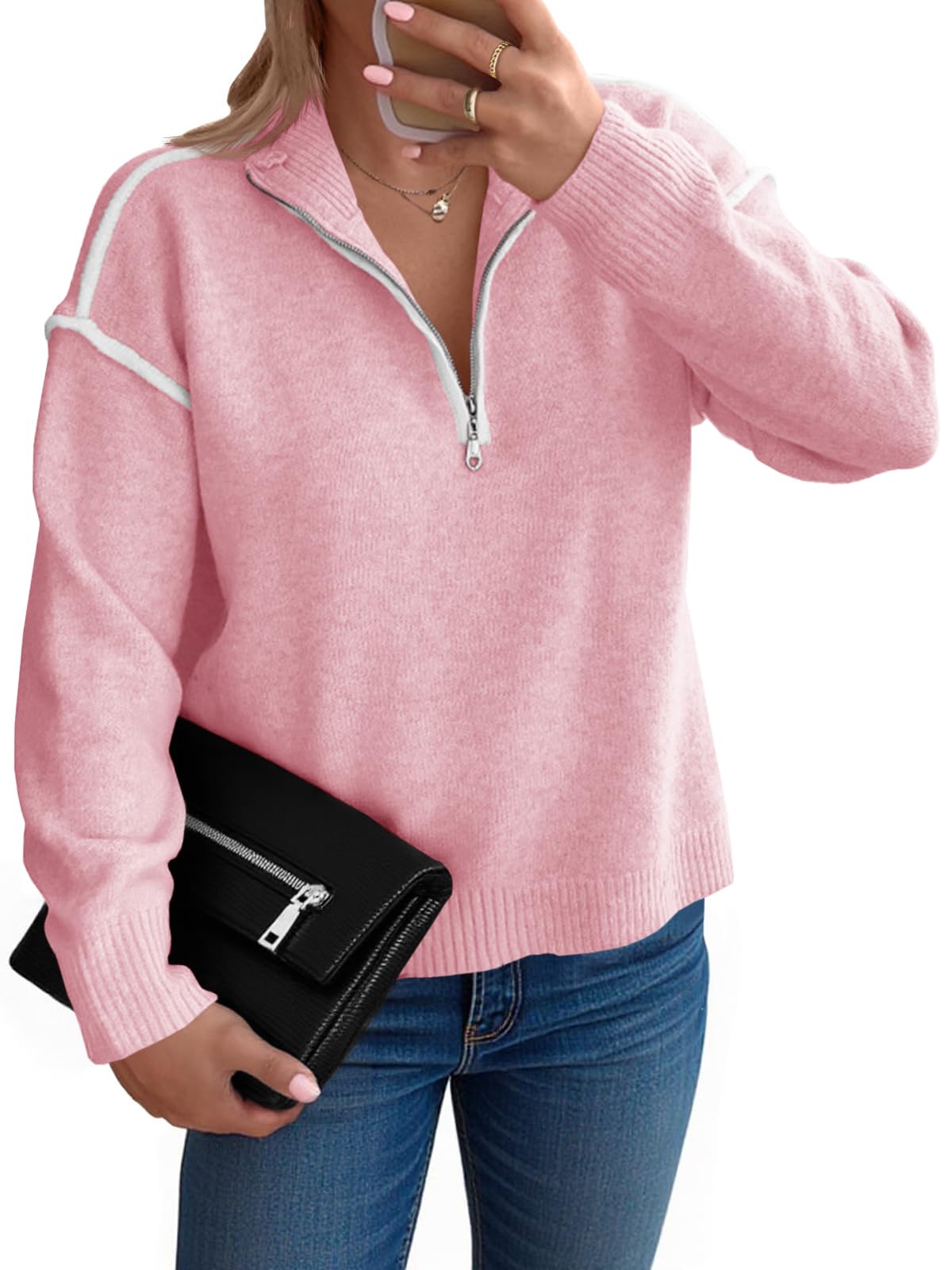 Women's Casual Color Block V Neck Quarter Zip Pullover Sweaters