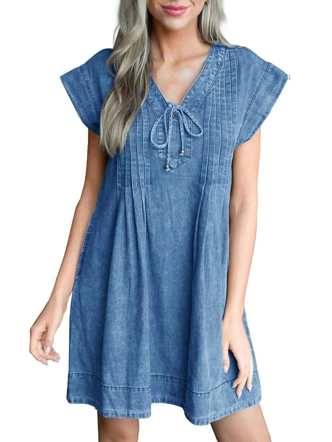 HOT SALE Women's V-neck Pleated Denim Dress With Pockets (Buy 2 Free Shipping)