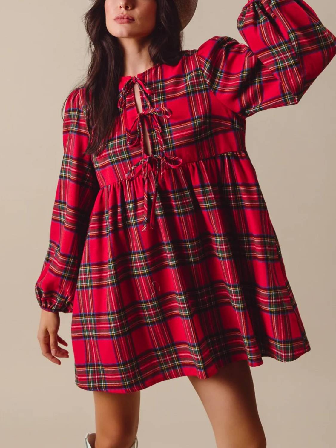 Womens Ruffle Hem Bow Long Sleeve Plaid Shift Tunic Mini Dress