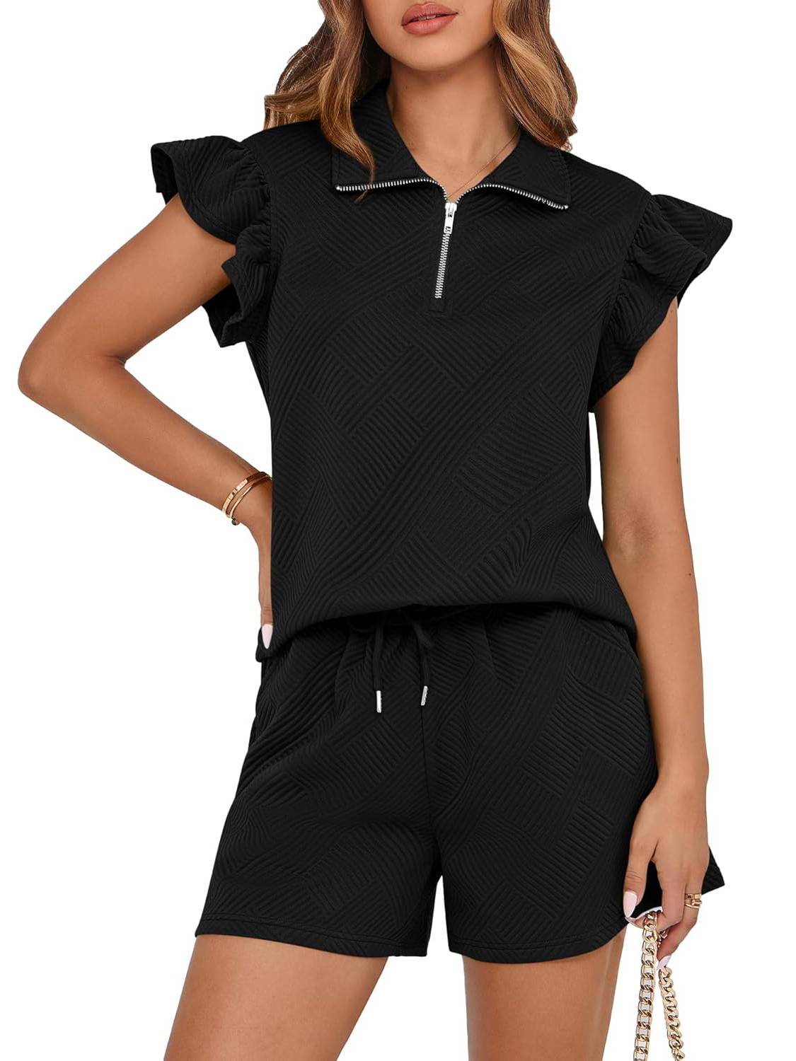 Women's Sweatsuit Zipper V Neck Ruffle Tops and Drawstring Shorts Lounge Sets