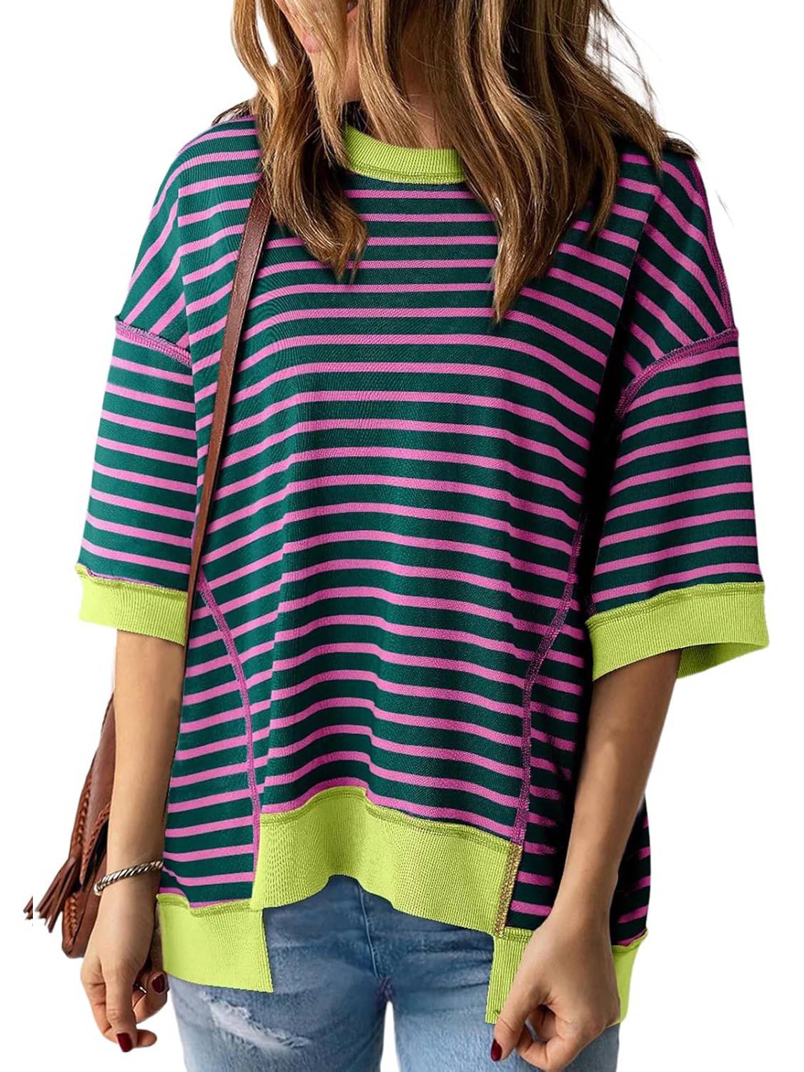 ⏰Hot Sale-Women Striped Color Block Tops Short Sleeve