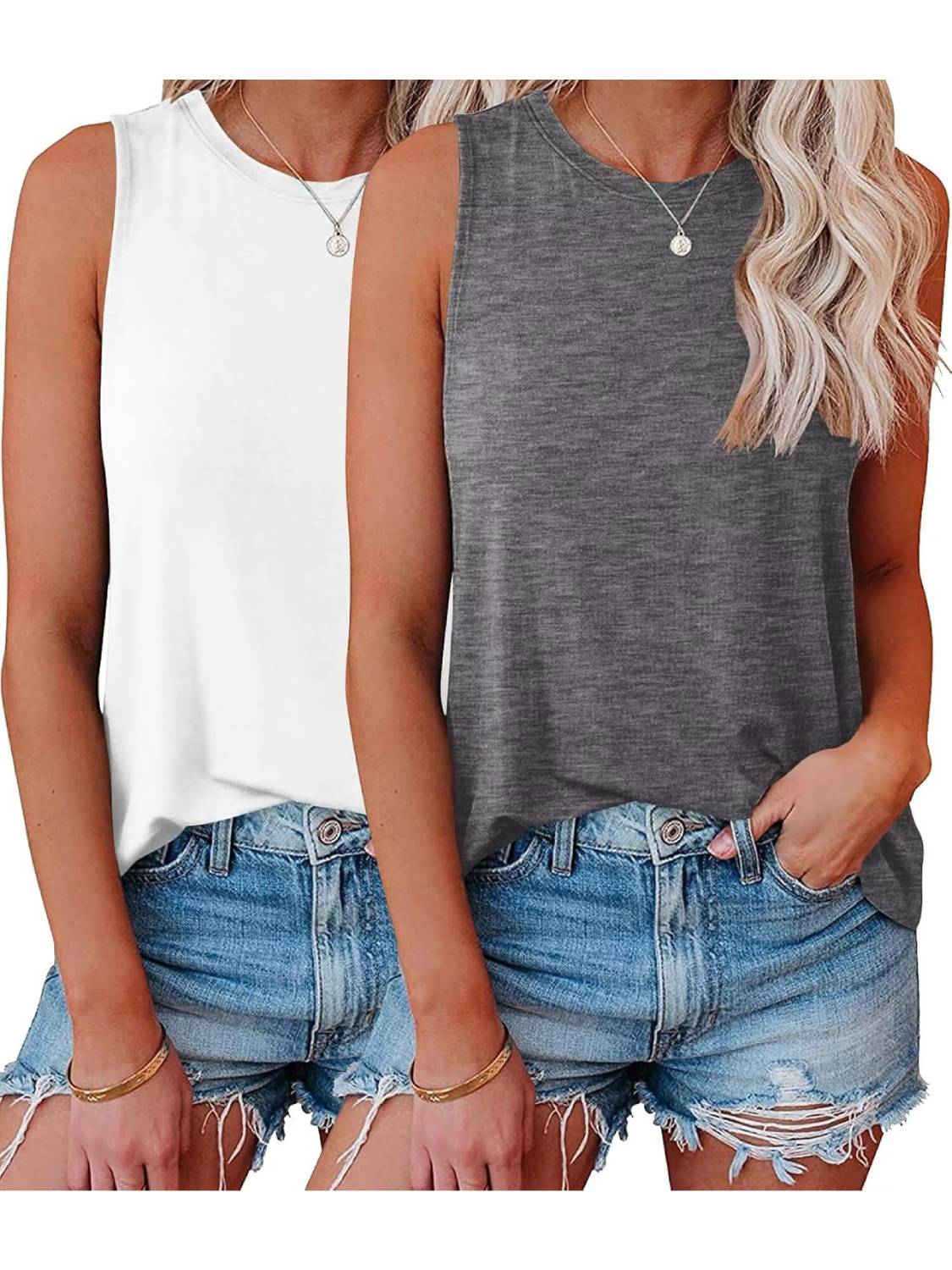 Womens Crew Neck Sleeveless Loose Fit Casual 2 Pack Tank Tops
