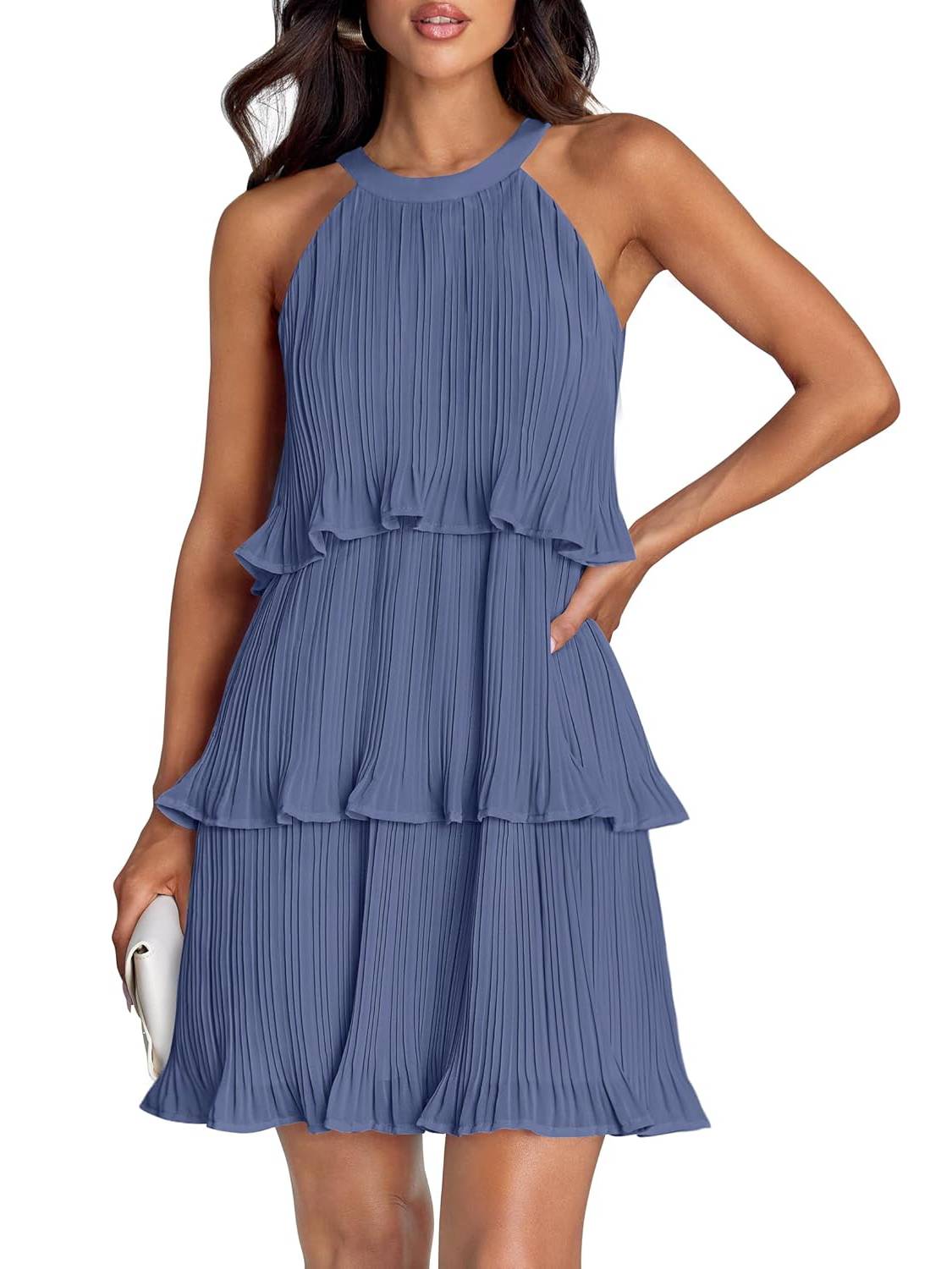 Women's Halter Sleeveless Ruffle Tiered Layered Chiffon Pleated A Line Swing Mini Dress