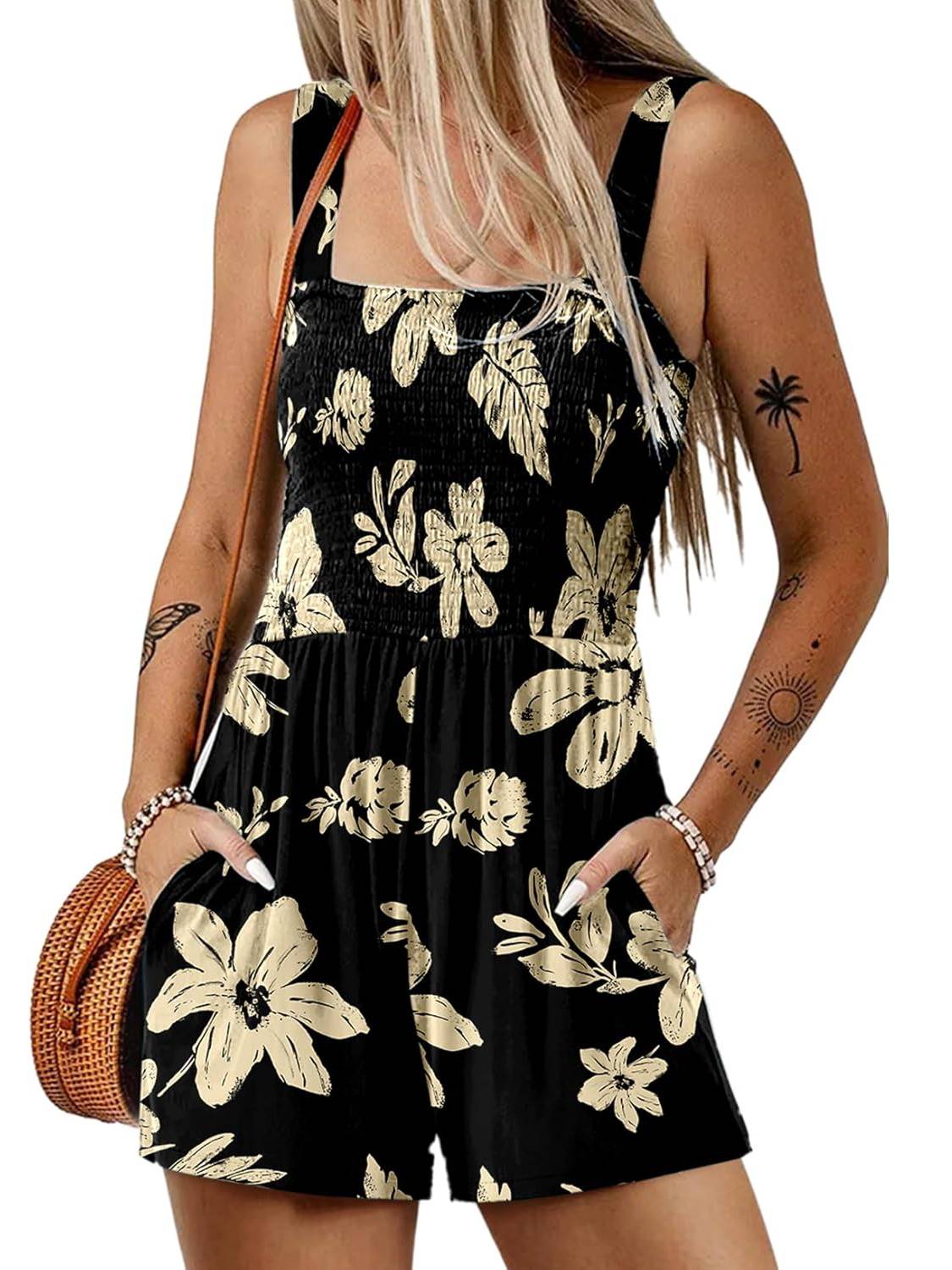 Women's Summer Square Neck Sleeveless Loose Casual Shorts Smocked Rompers